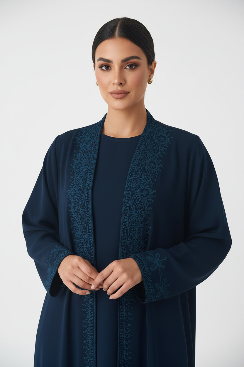 C 2714 Navy Blue Embroidered Abaya