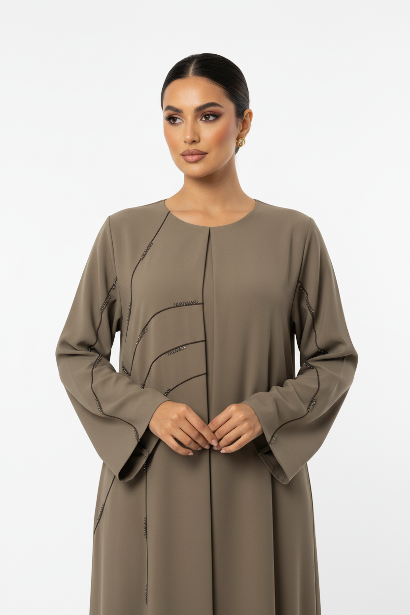 C 2715 Khaki Beaded Abaya