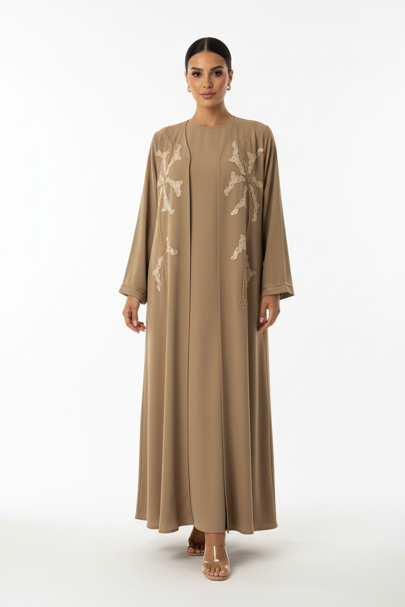 C 2725 Sand Brown Beaded Abaya