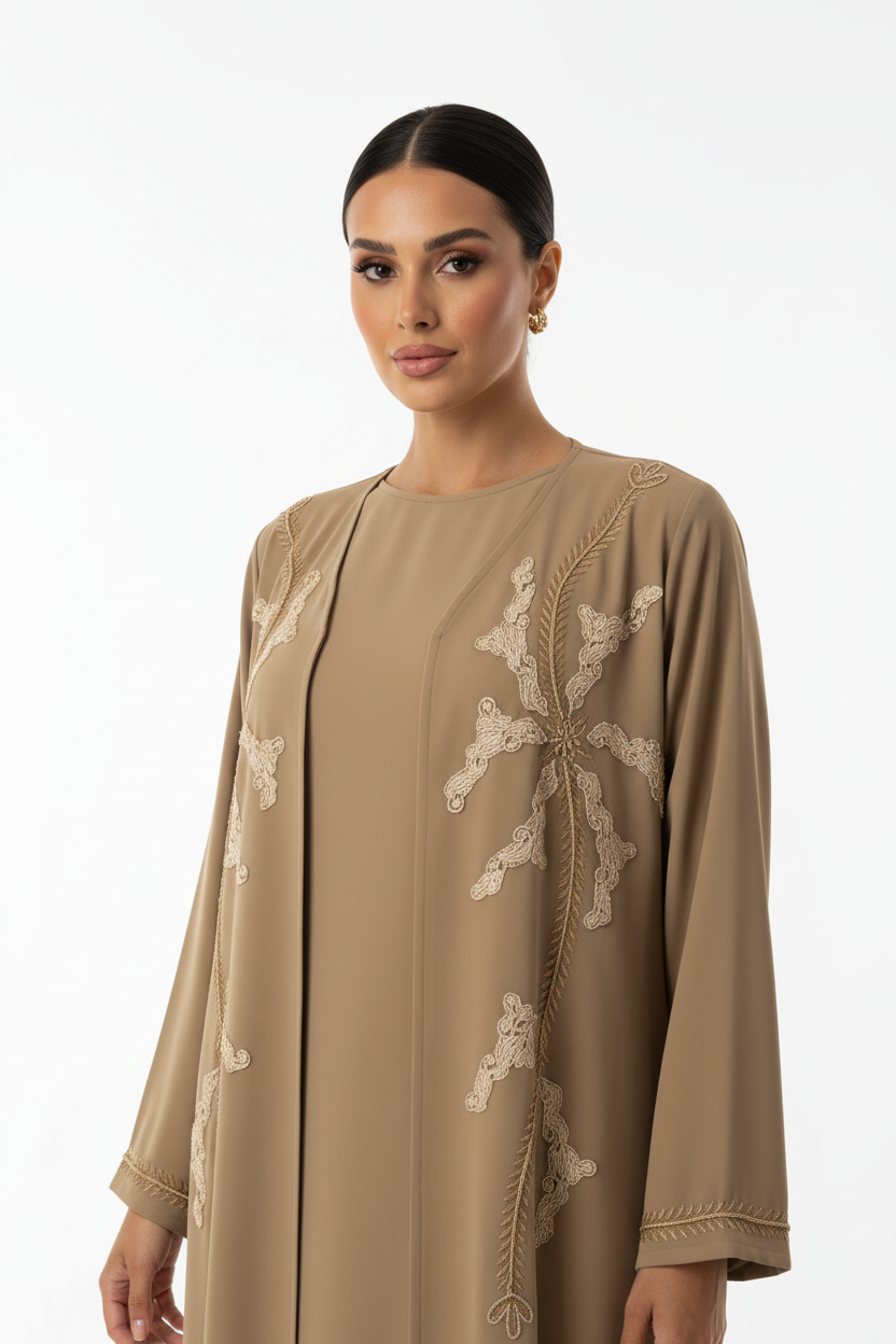 C 2725 Sand Brown Beaded Abaya