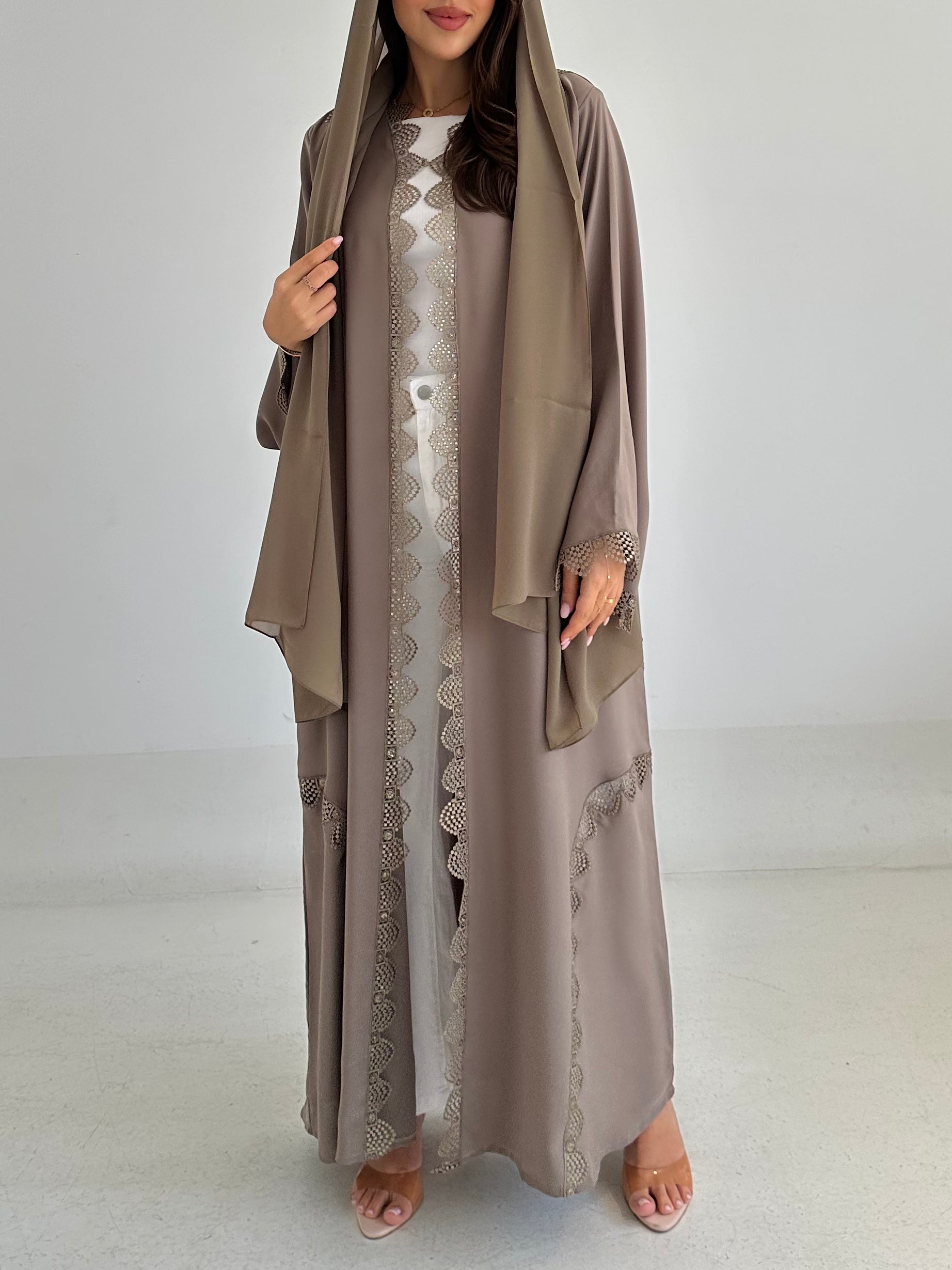 C 2742 Pastel Olive Crystal Lace Abaya