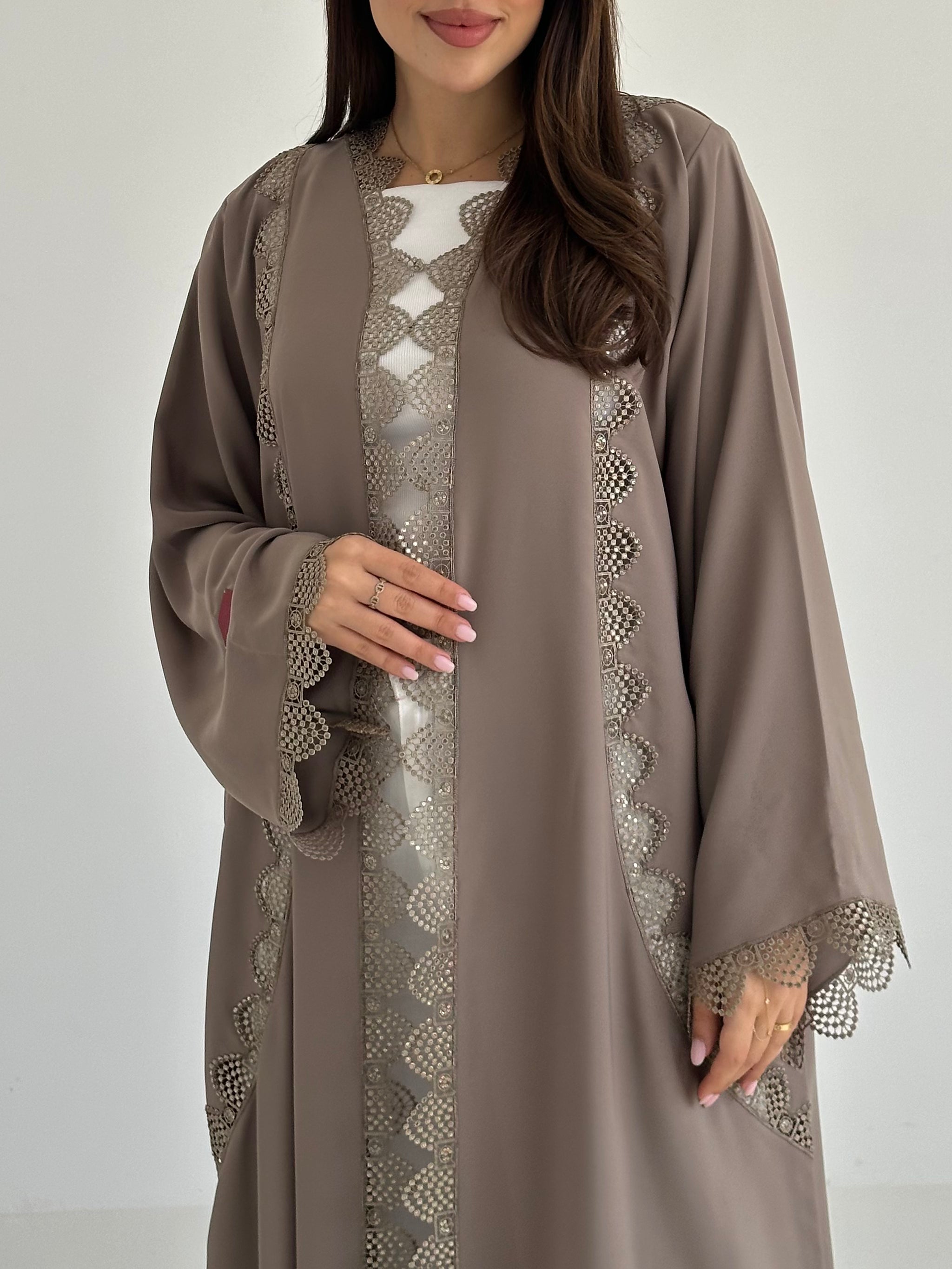 C 2742 Pastel Olive Crystal Lace Abaya