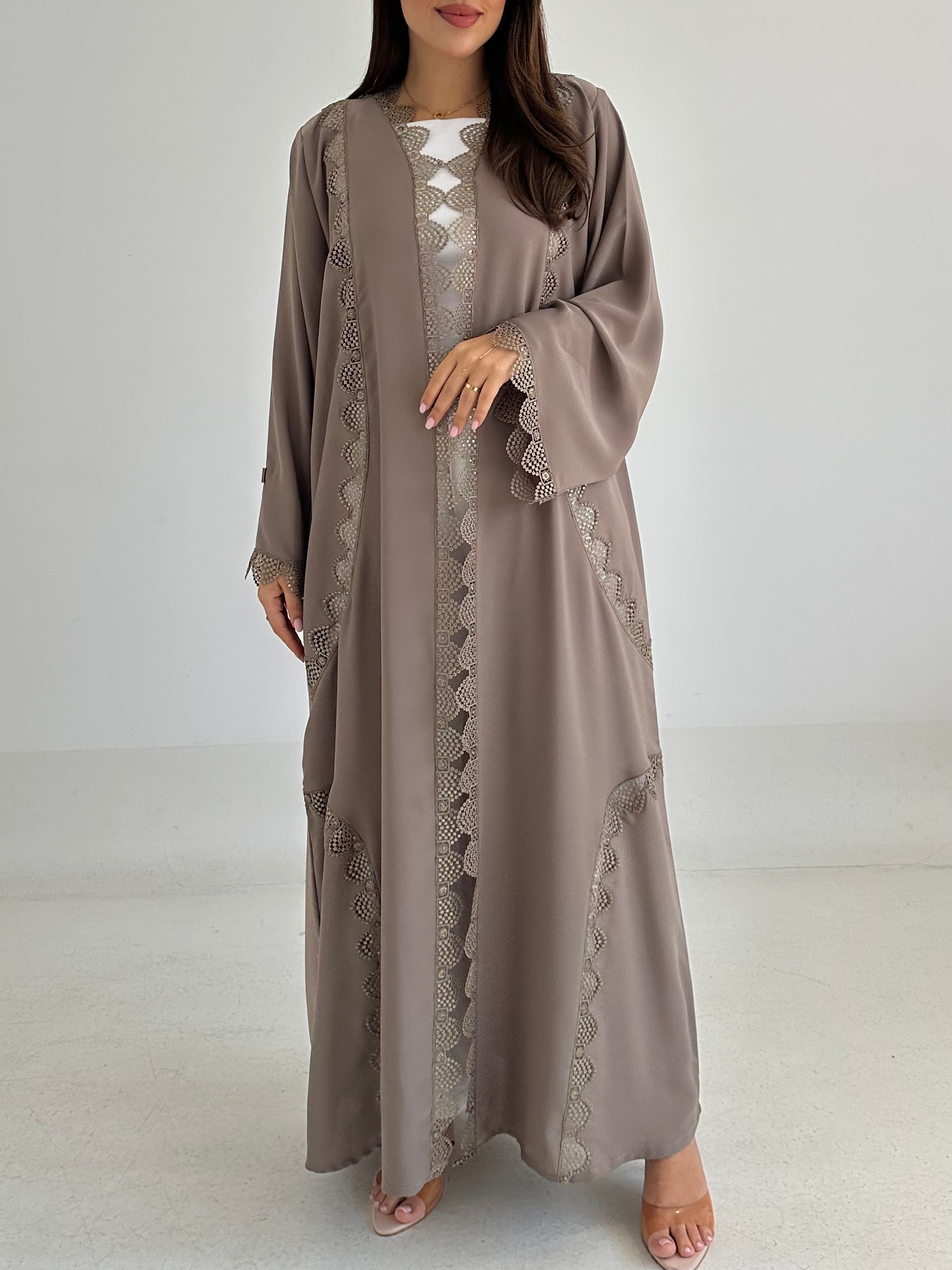 C 2742 Pastel Olive Crystal Lace Abaya