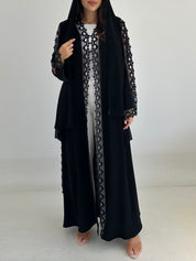 C 2744 Black Crystal Floral Lace Abaya