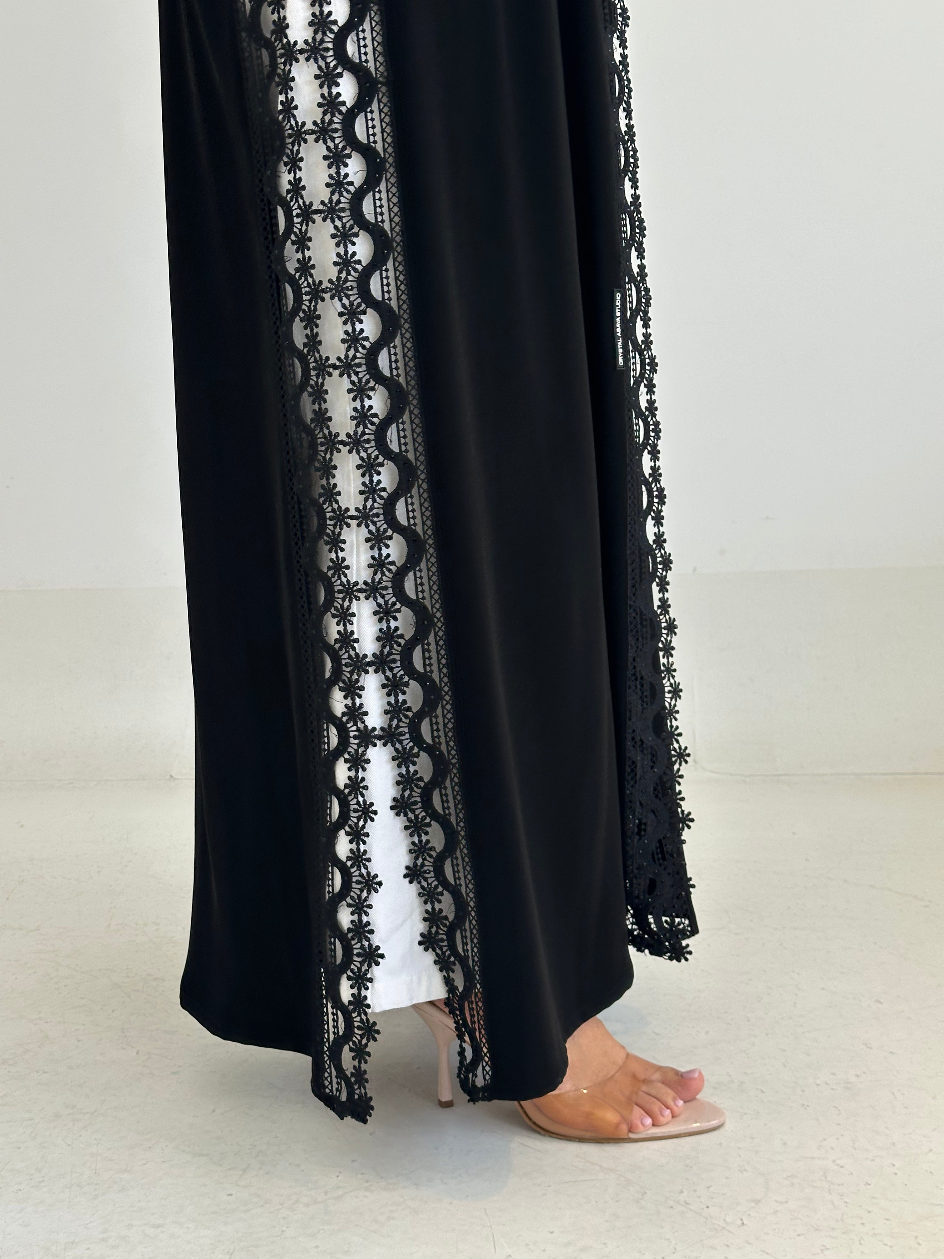 C 2744 Black Crystal Floral Lace Abaya
