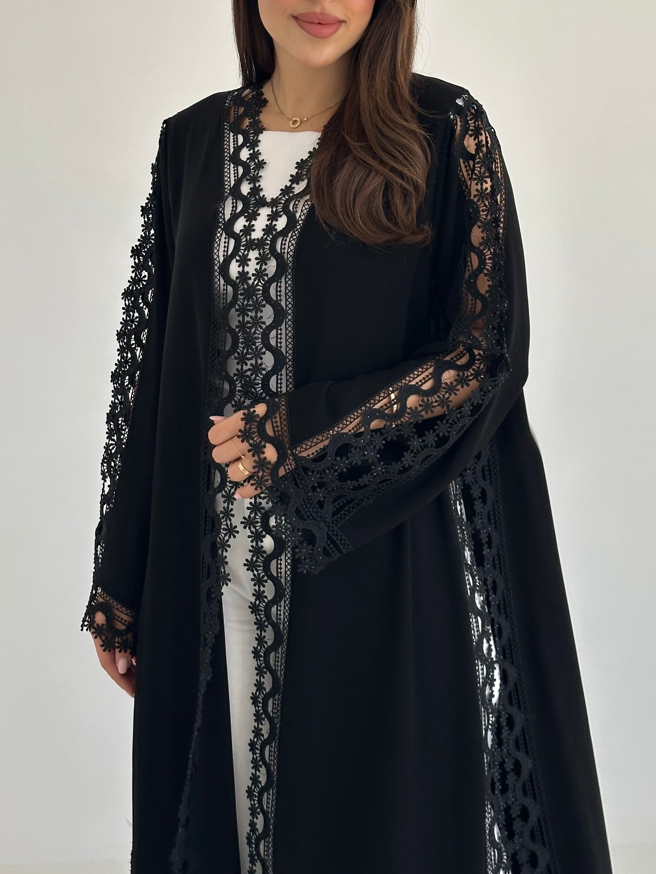 C 2744 Black Crystal Floral Lace Abaya