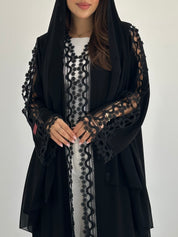 C 2744 Black Crystal Floral Lace Abaya