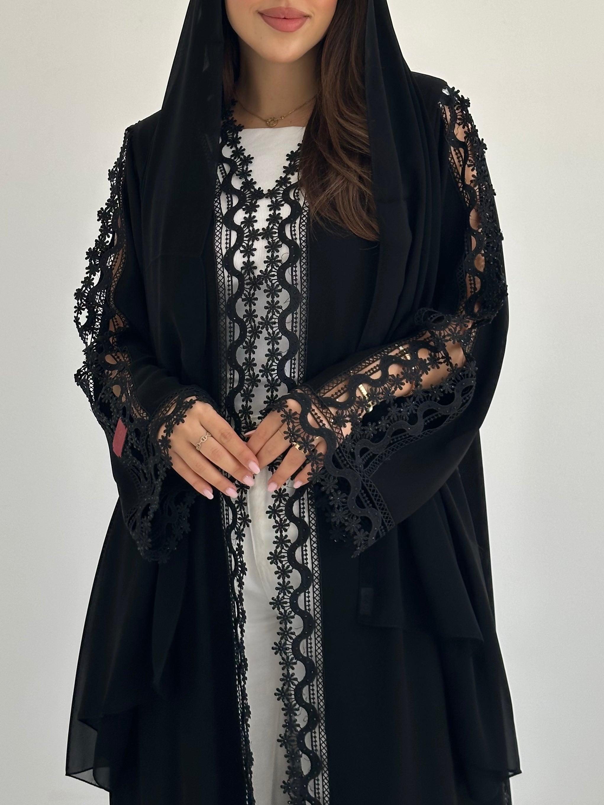 C 2744 Black Crystal Floral Lace Abaya