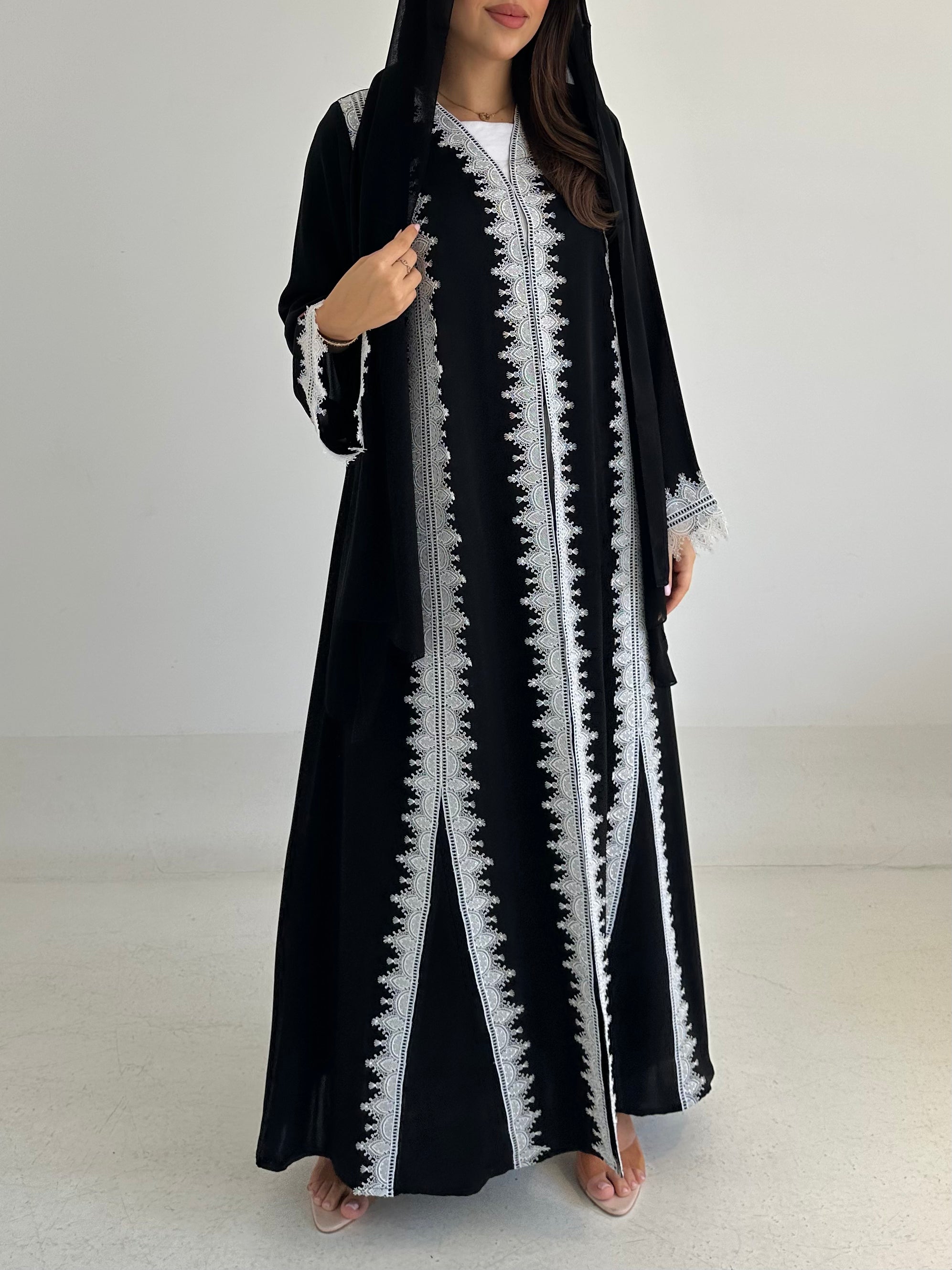 C 2751 Black White Crystal Lace Abaya