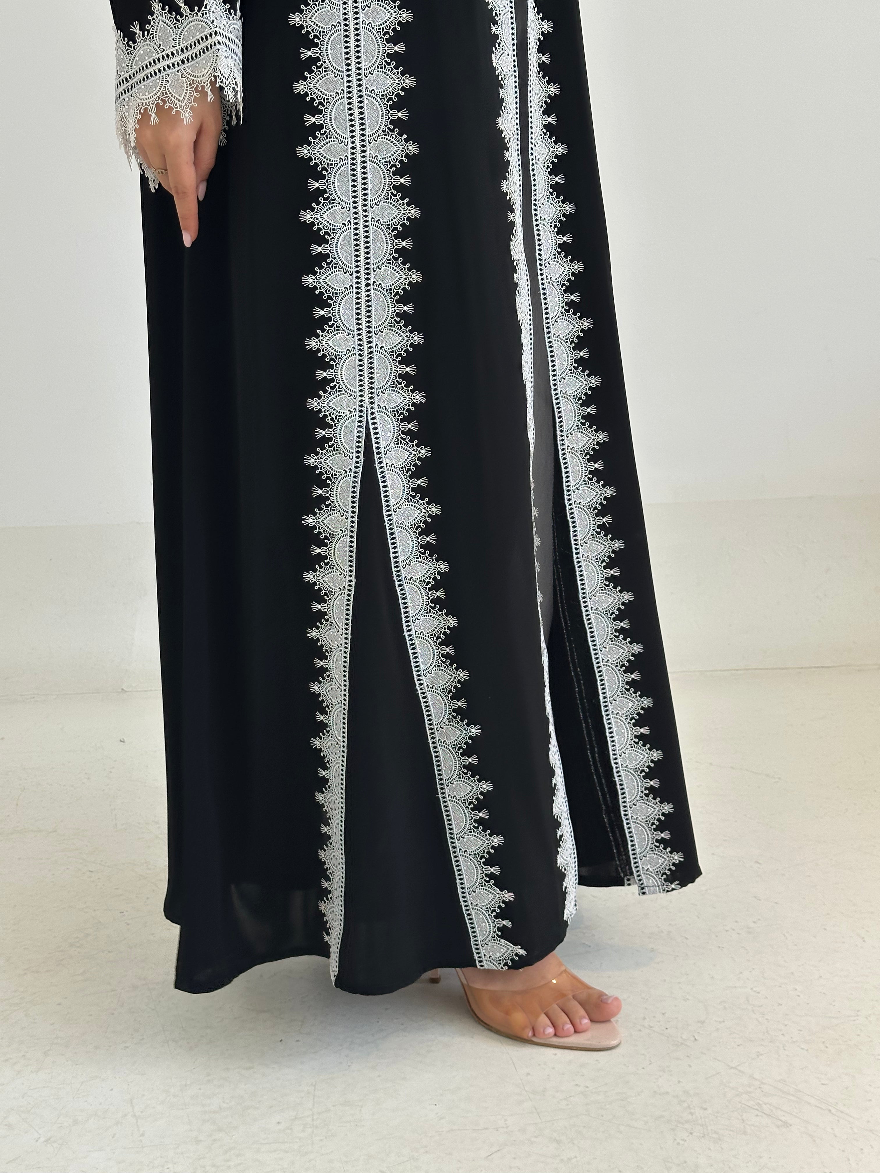 C 2751 Black White Crystal Lace Abaya