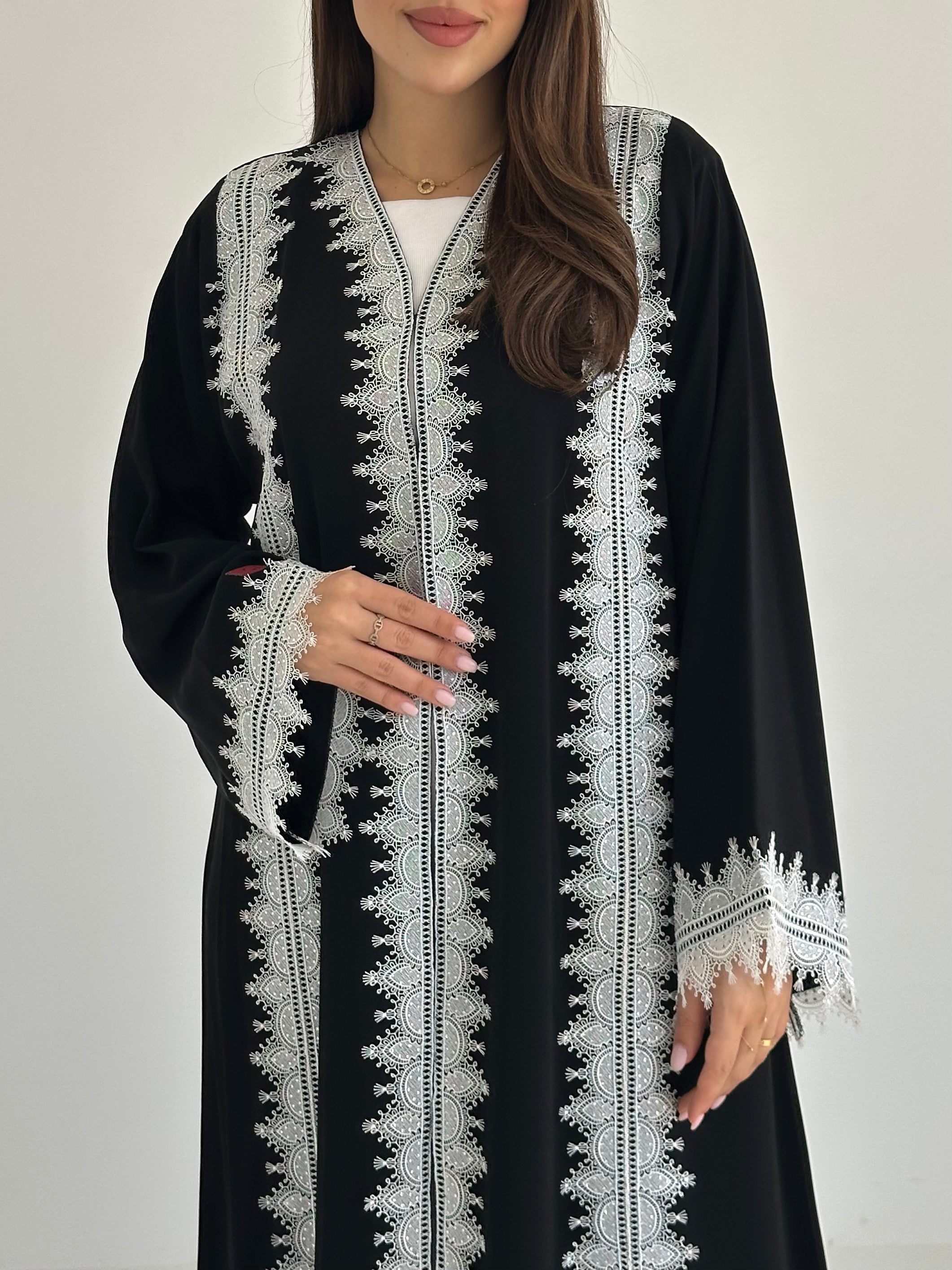 C 2751 Black White Crystal Lace Abaya
