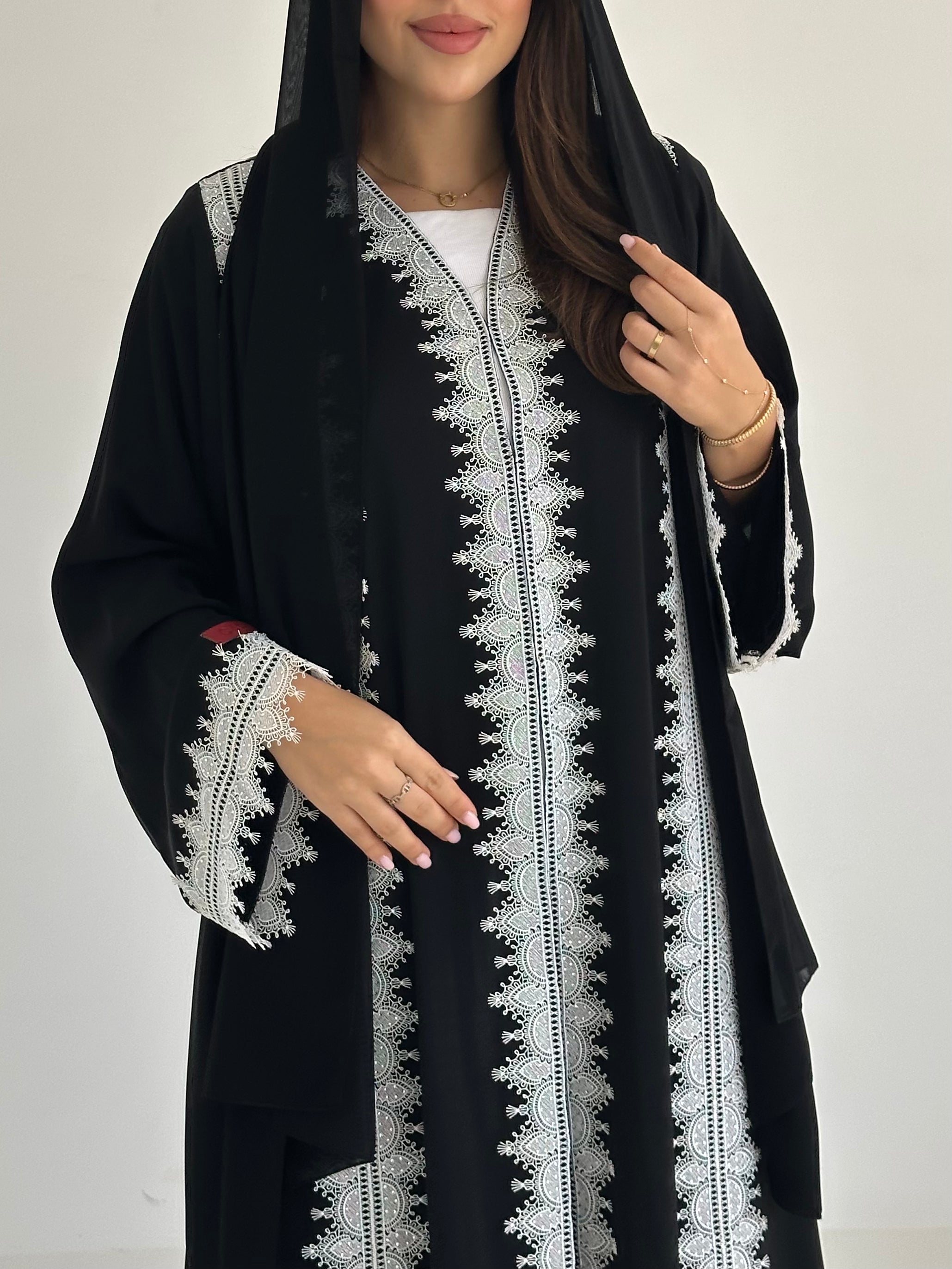 C 2751 Black White Crystal Lace Abaya