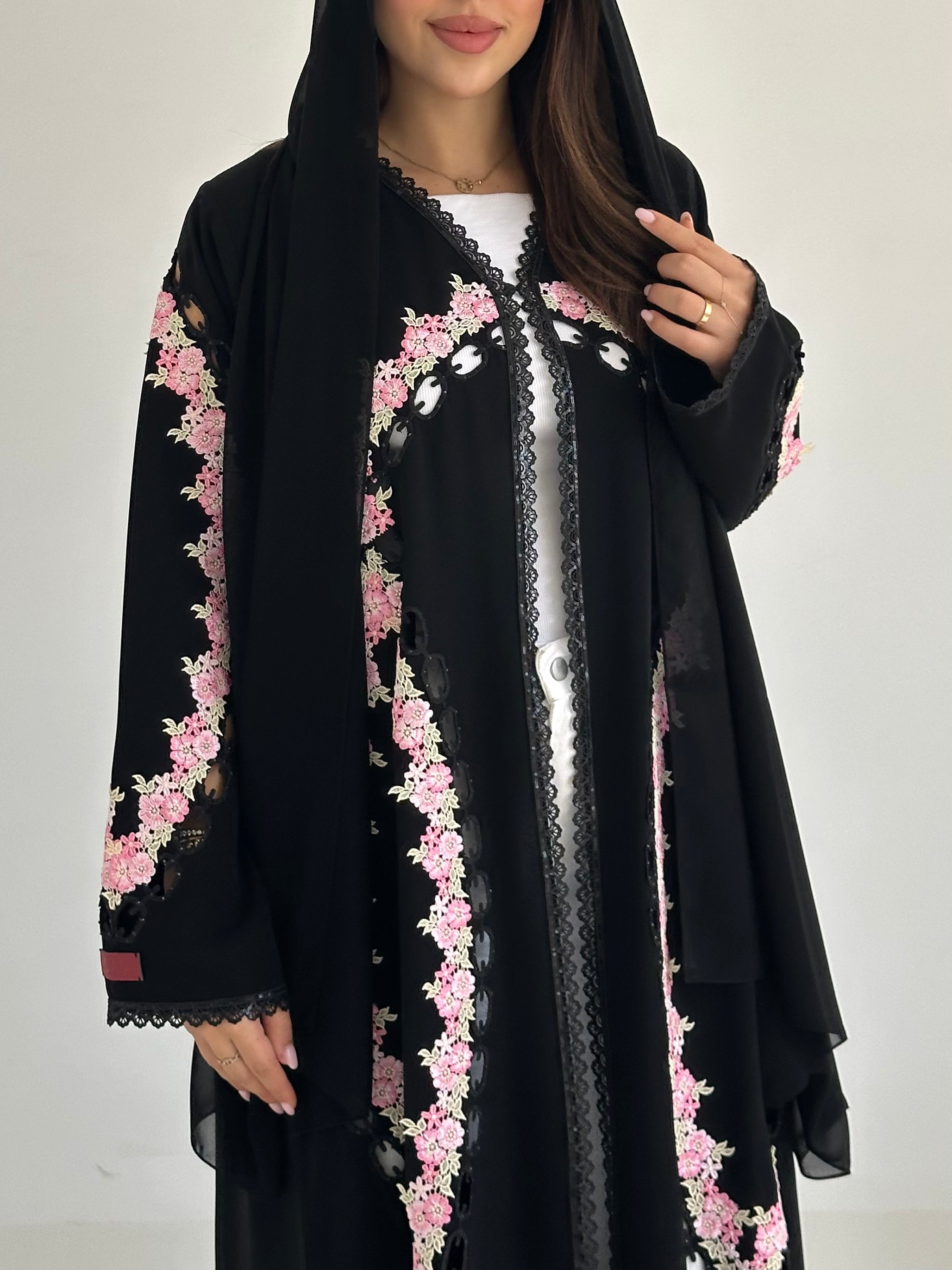 C 2754 Black Floral Lace Abaya