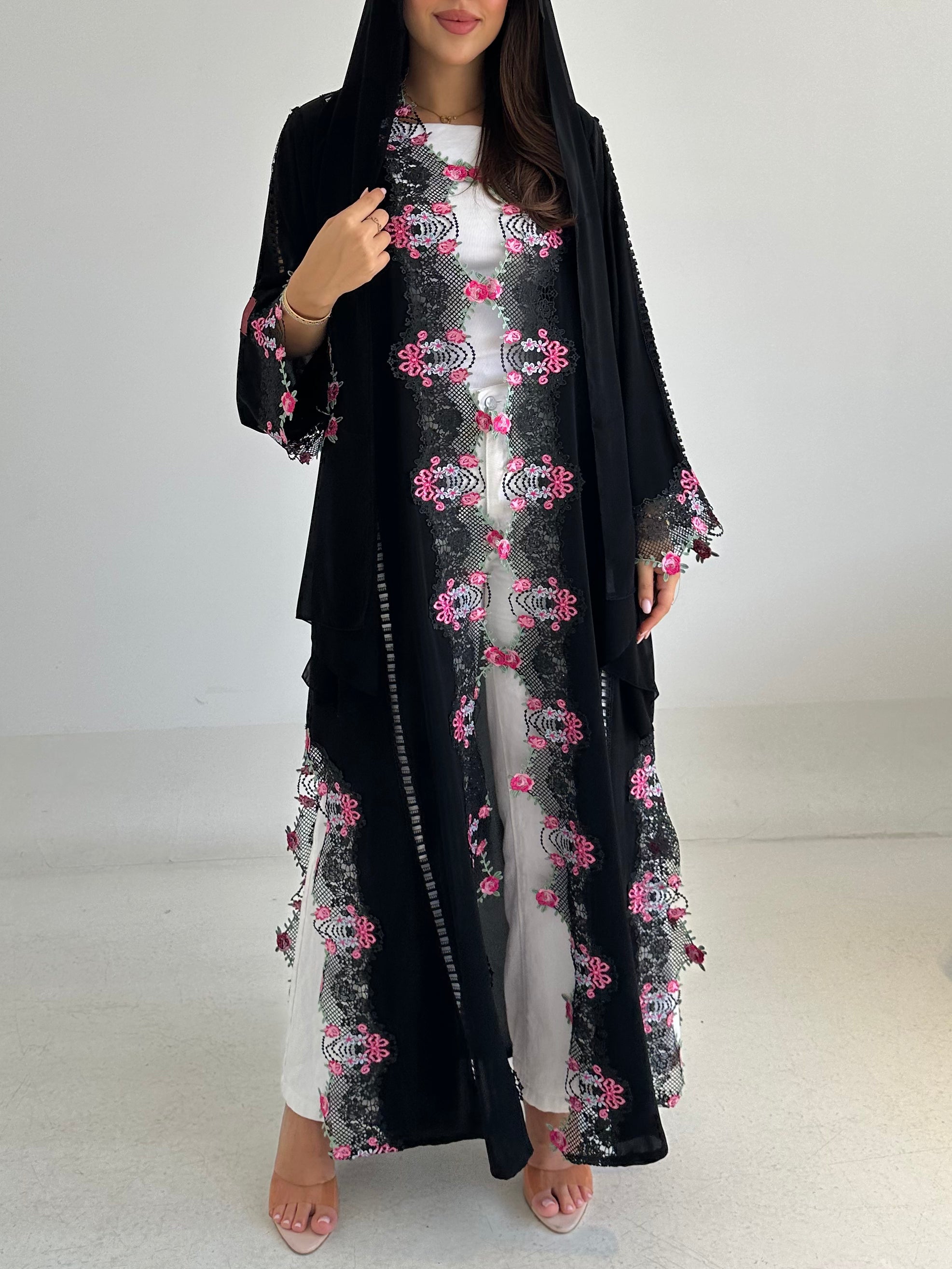C 2755 Black Floral Crystal Lace Abaya