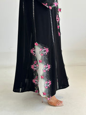 C 2755 Black Floral Crystal Lace Abaya