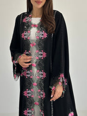 C 2755 Black Floral Crystal Lace Abaya