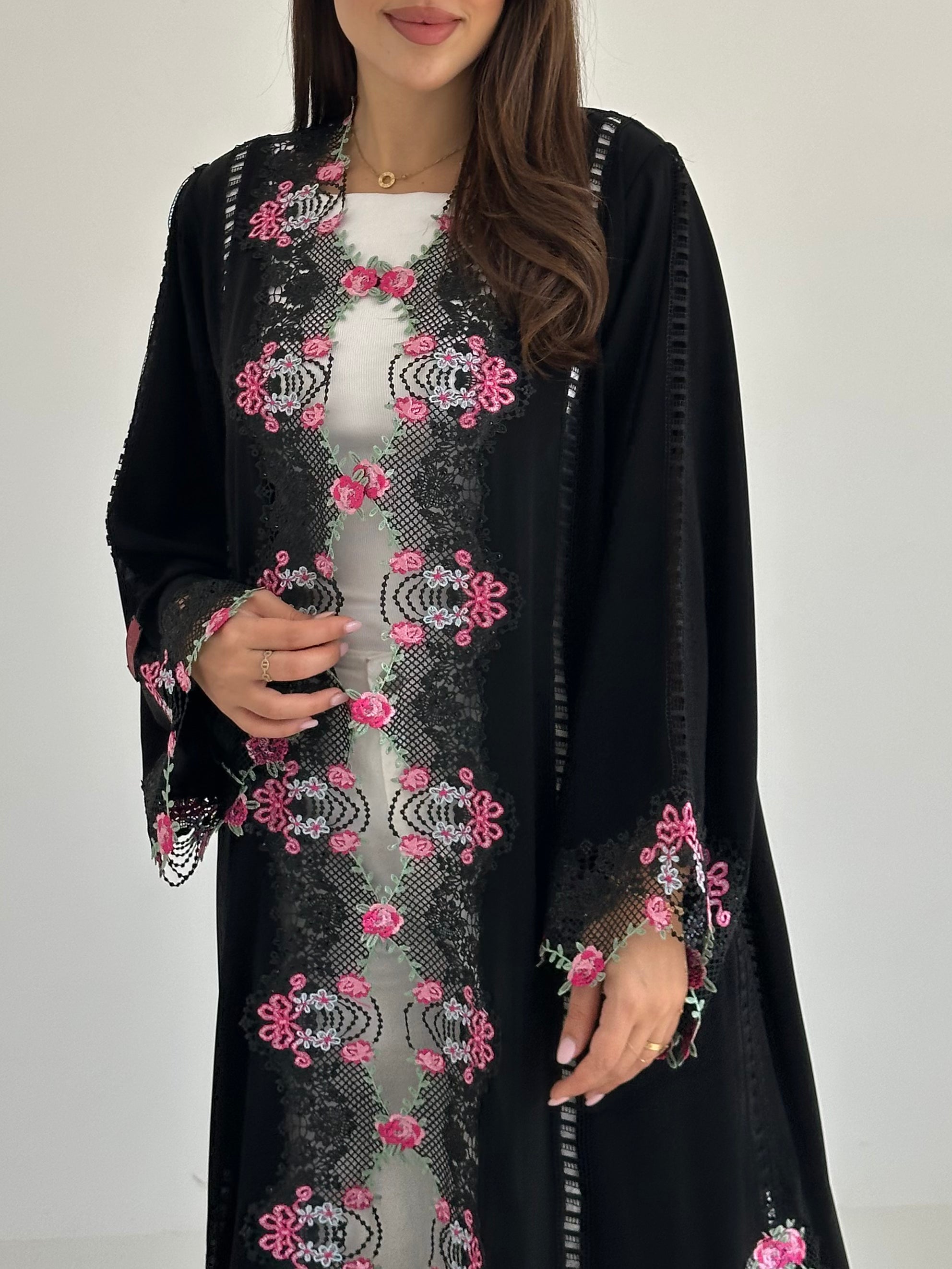 C 2755 Black Floral Crystal Lace Abaya