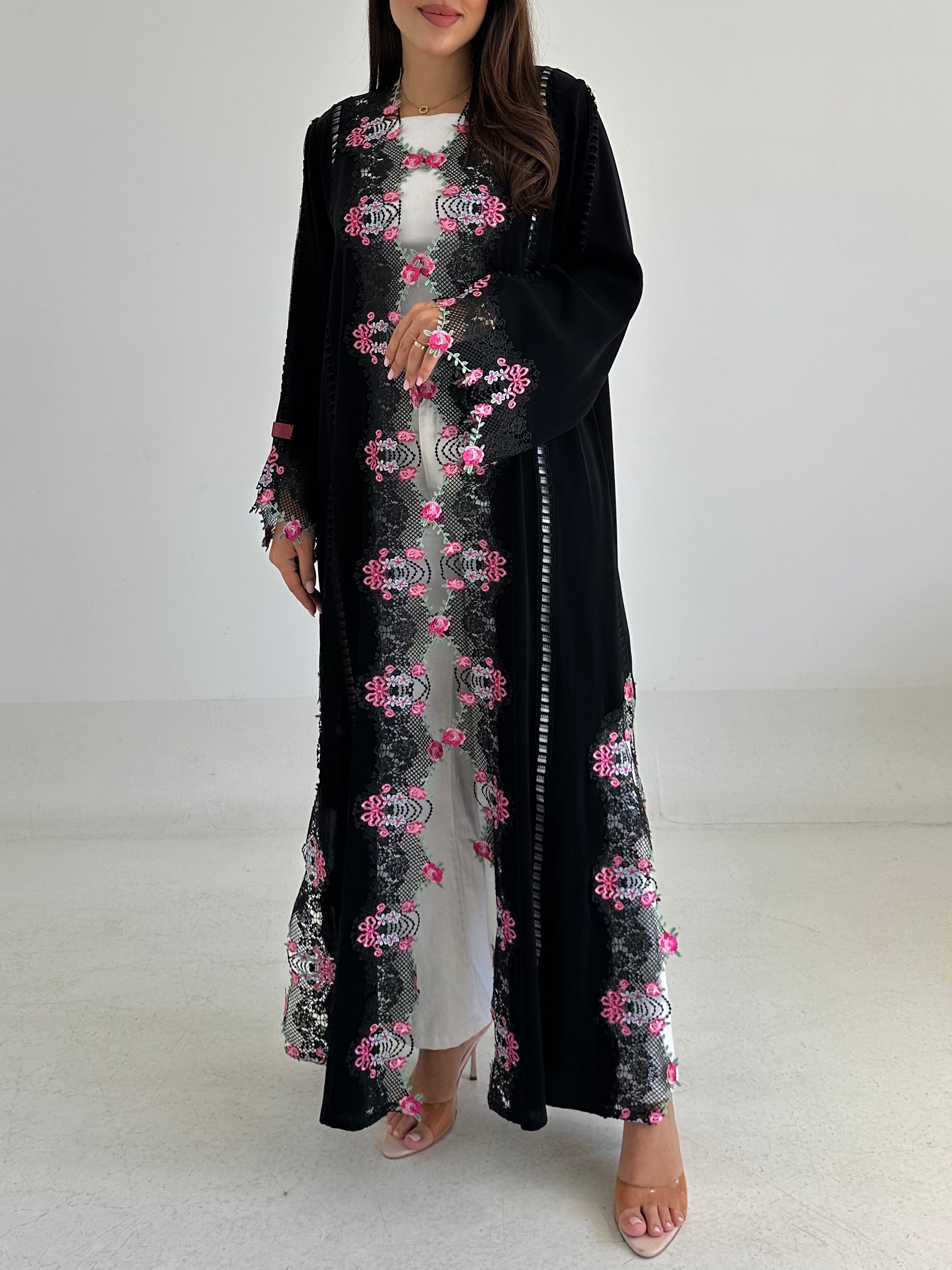 C 2755 Black Floral Crystal Lace Abaya