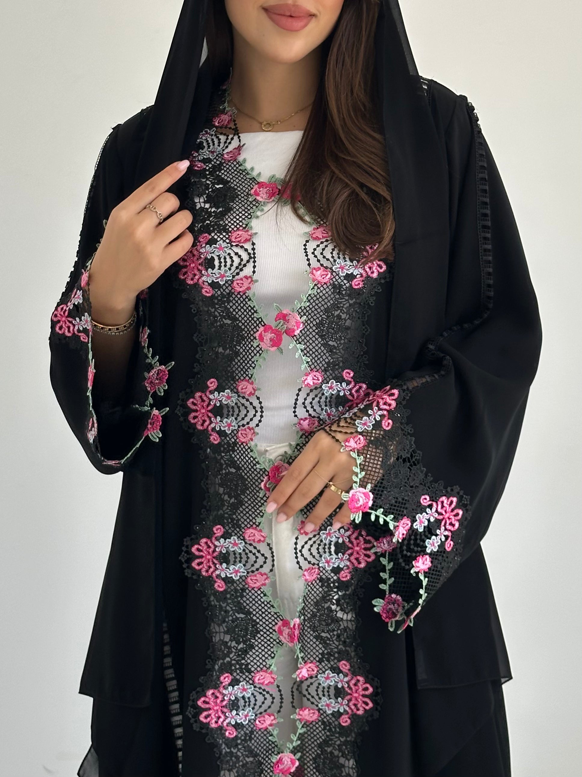 C 2755 Black Floral Crystal Lace Abaya