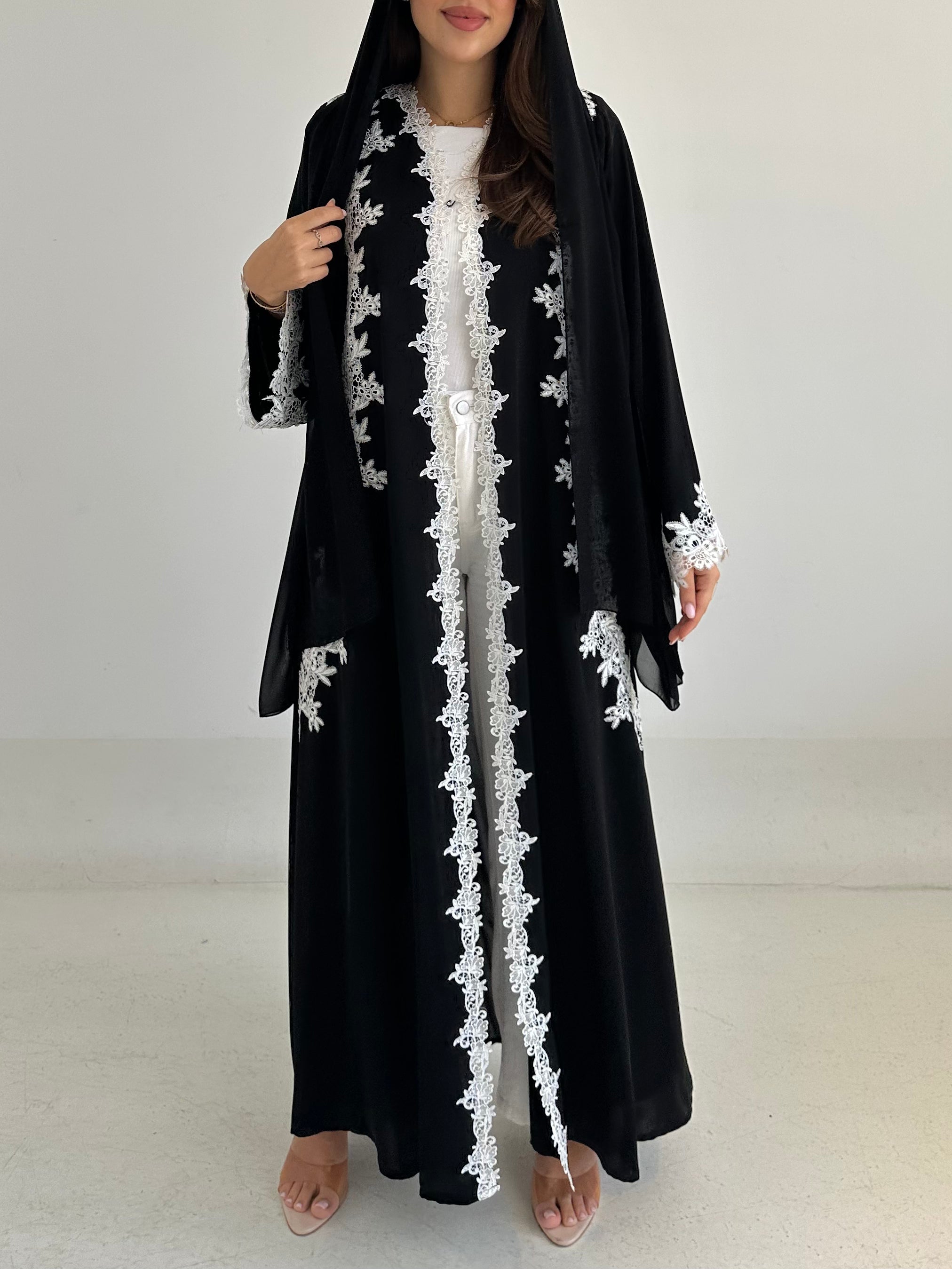 C 2757 Black White Crystal Lace Abaya