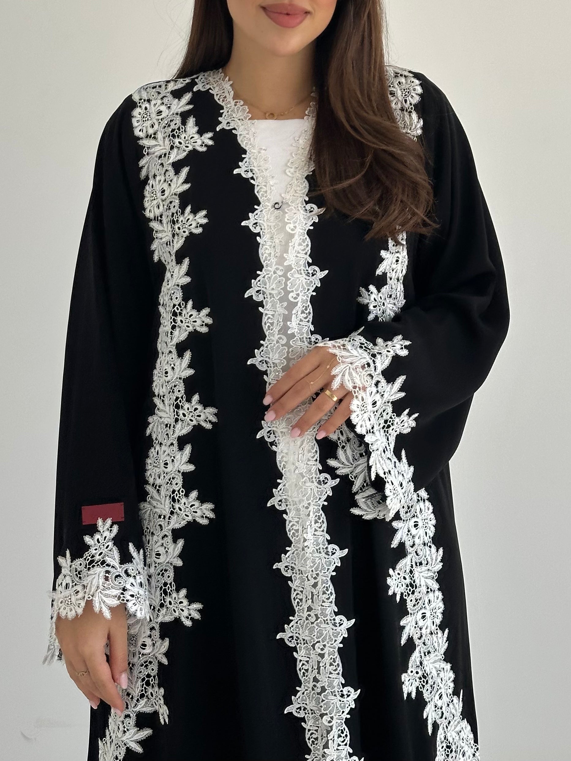 C 2757 Black White Crystal Lace Abaya