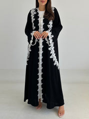 C 2757 Black White Crystal Lace Abaya