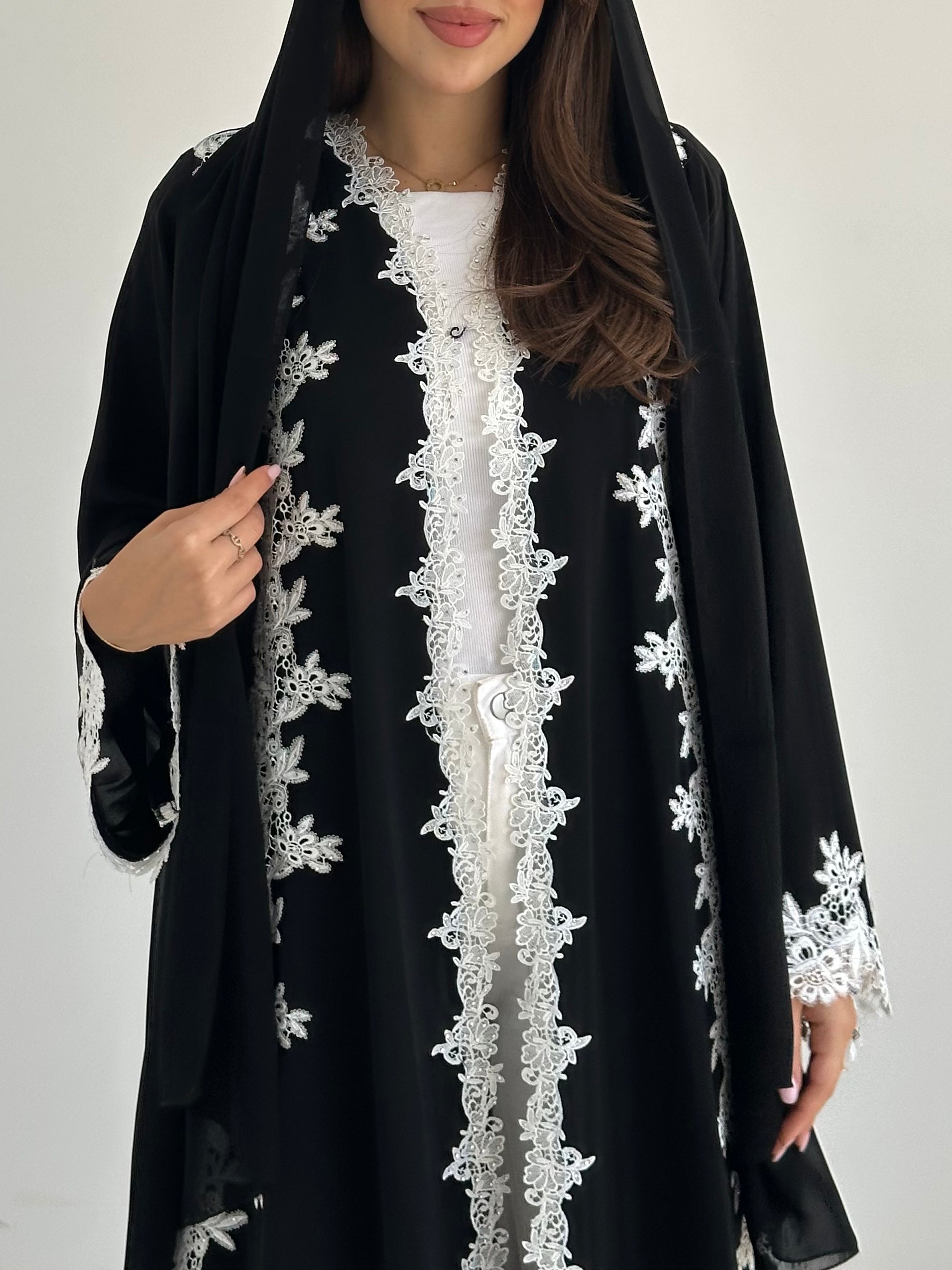 C 2757 Black White Crystal Lace Abaya