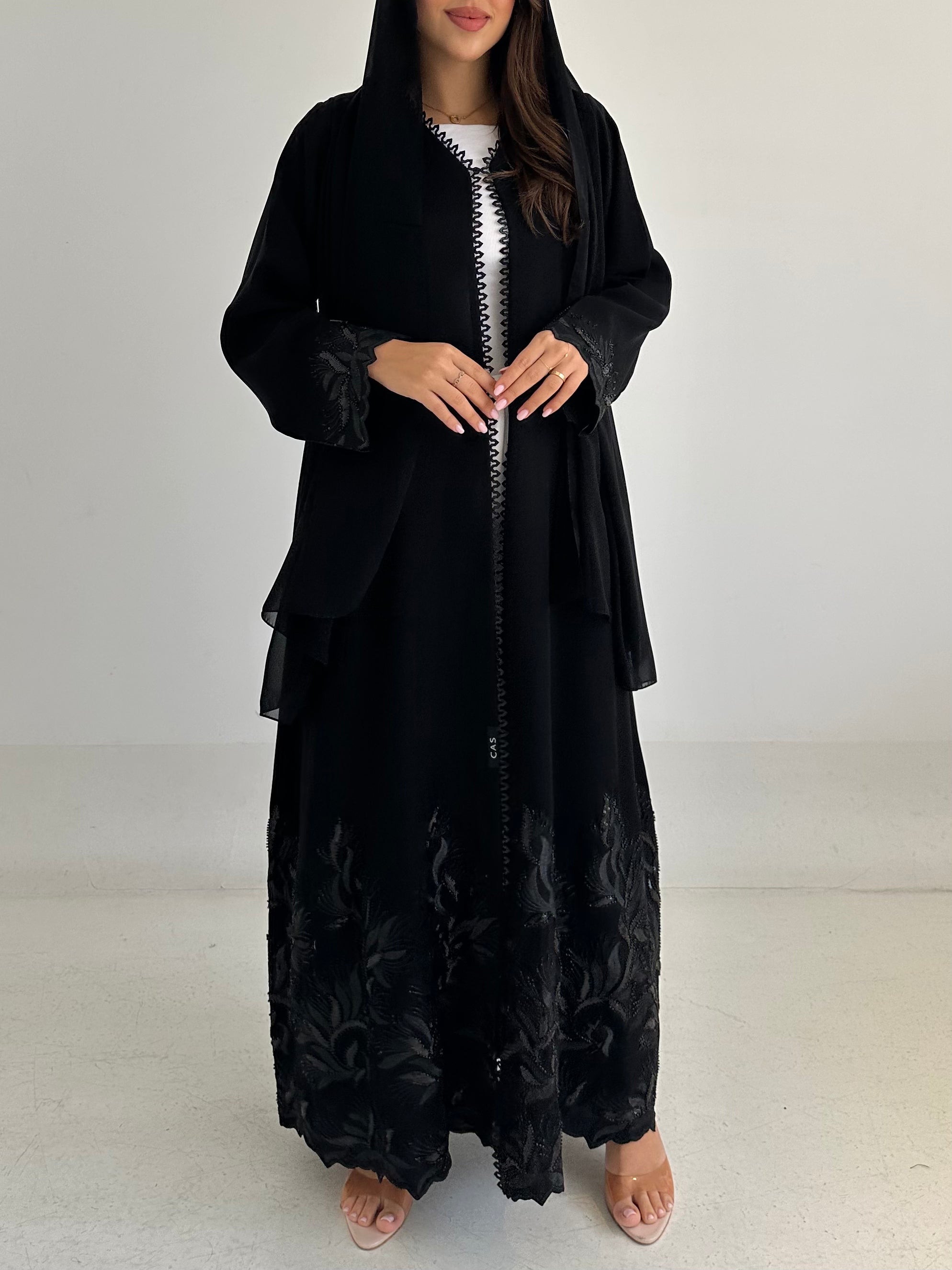 C 2758 Black Beaded Lace Abaya