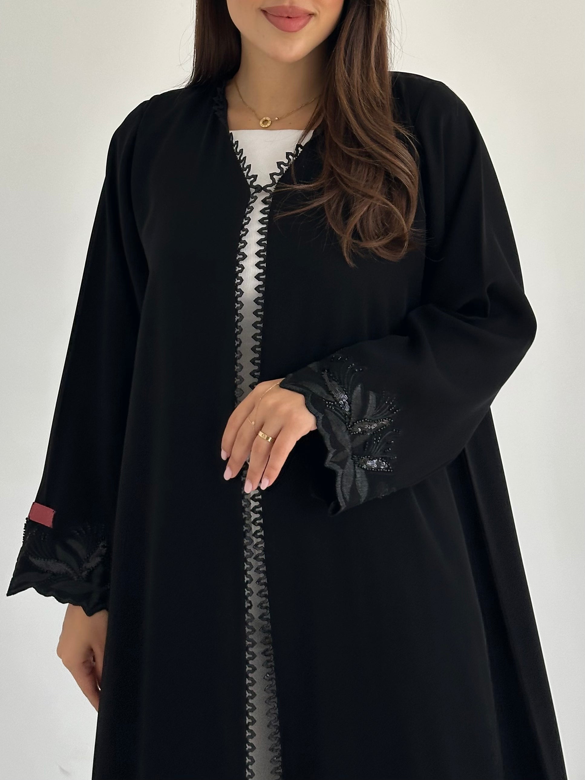 C 2758 Black Beaded Lace Abaya