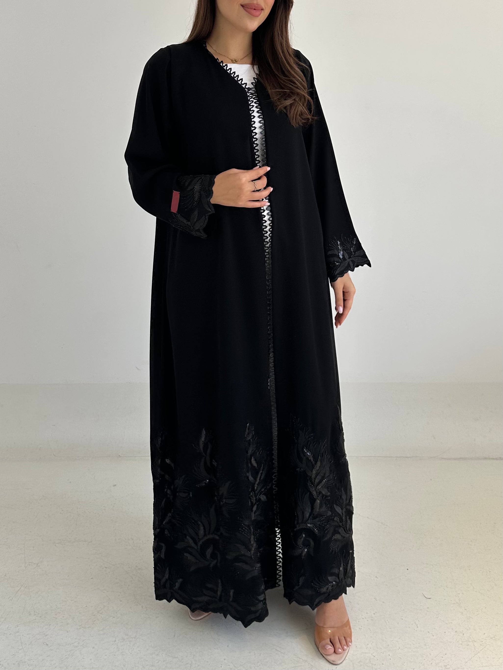 C 2758 Black Beaded Lace Abaya