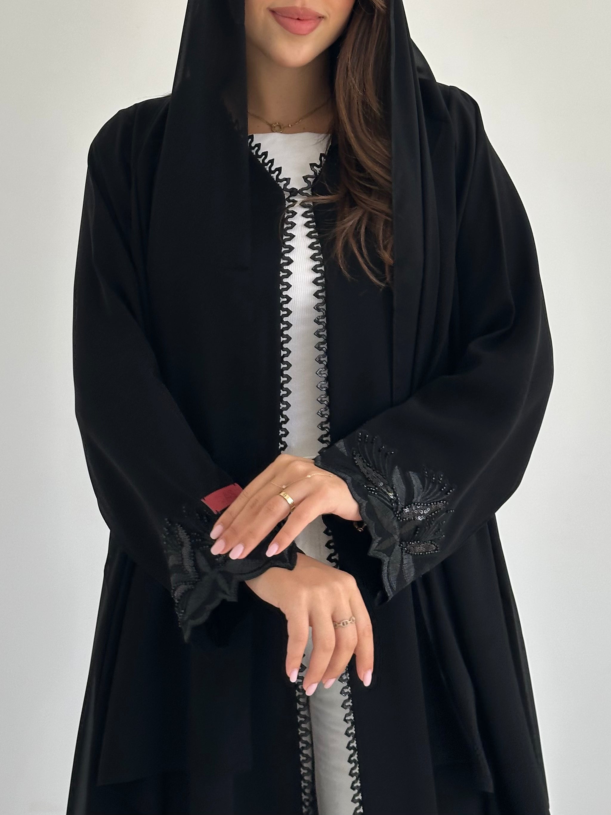 C 2758 Black Beaded Lace Abaya