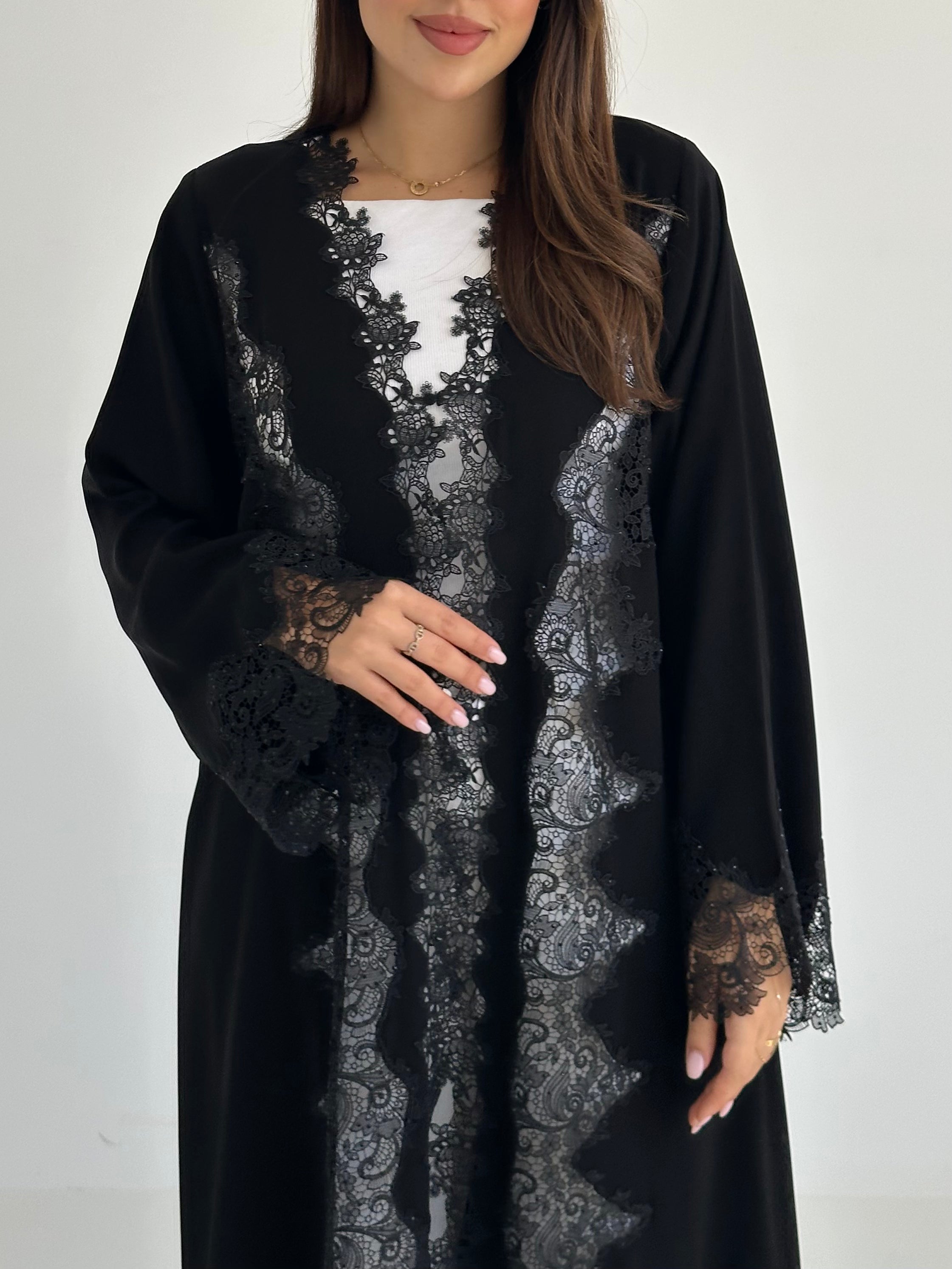 C 2762 Black Crystal Dantel Abaya