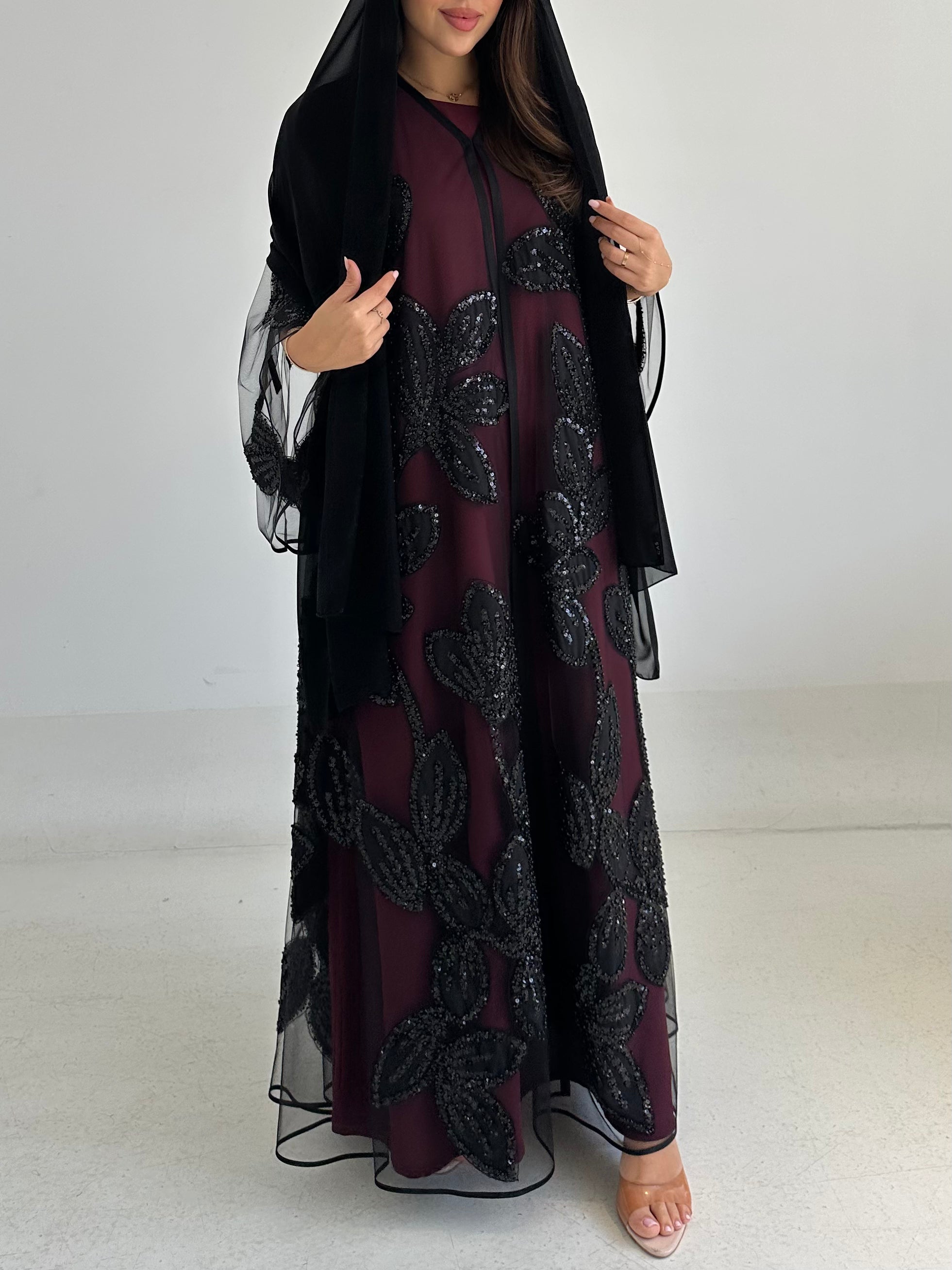 C 2763 Black Beaded Dantel Abaya