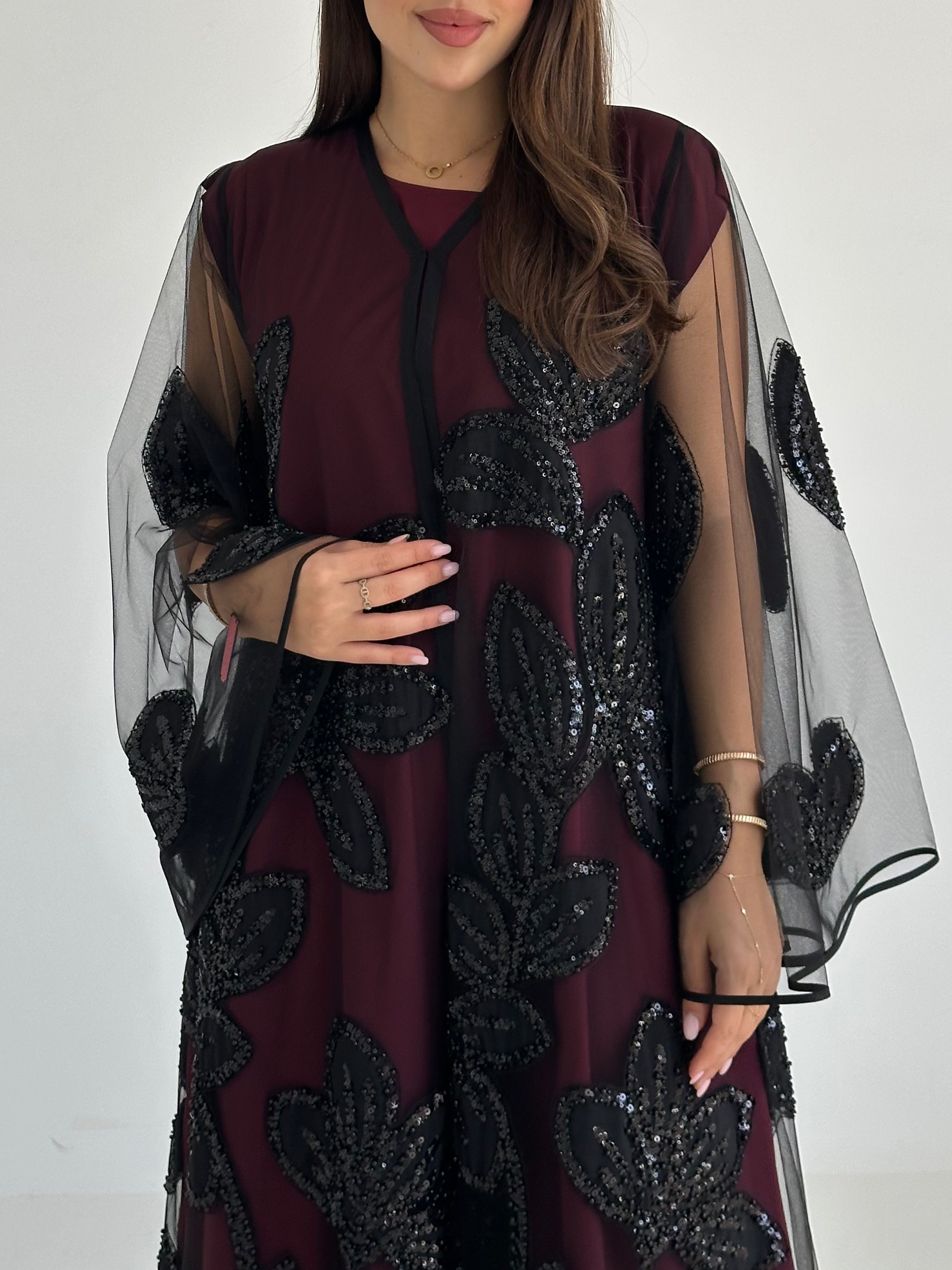 C 2763 Black Beaded Dantel Abaya