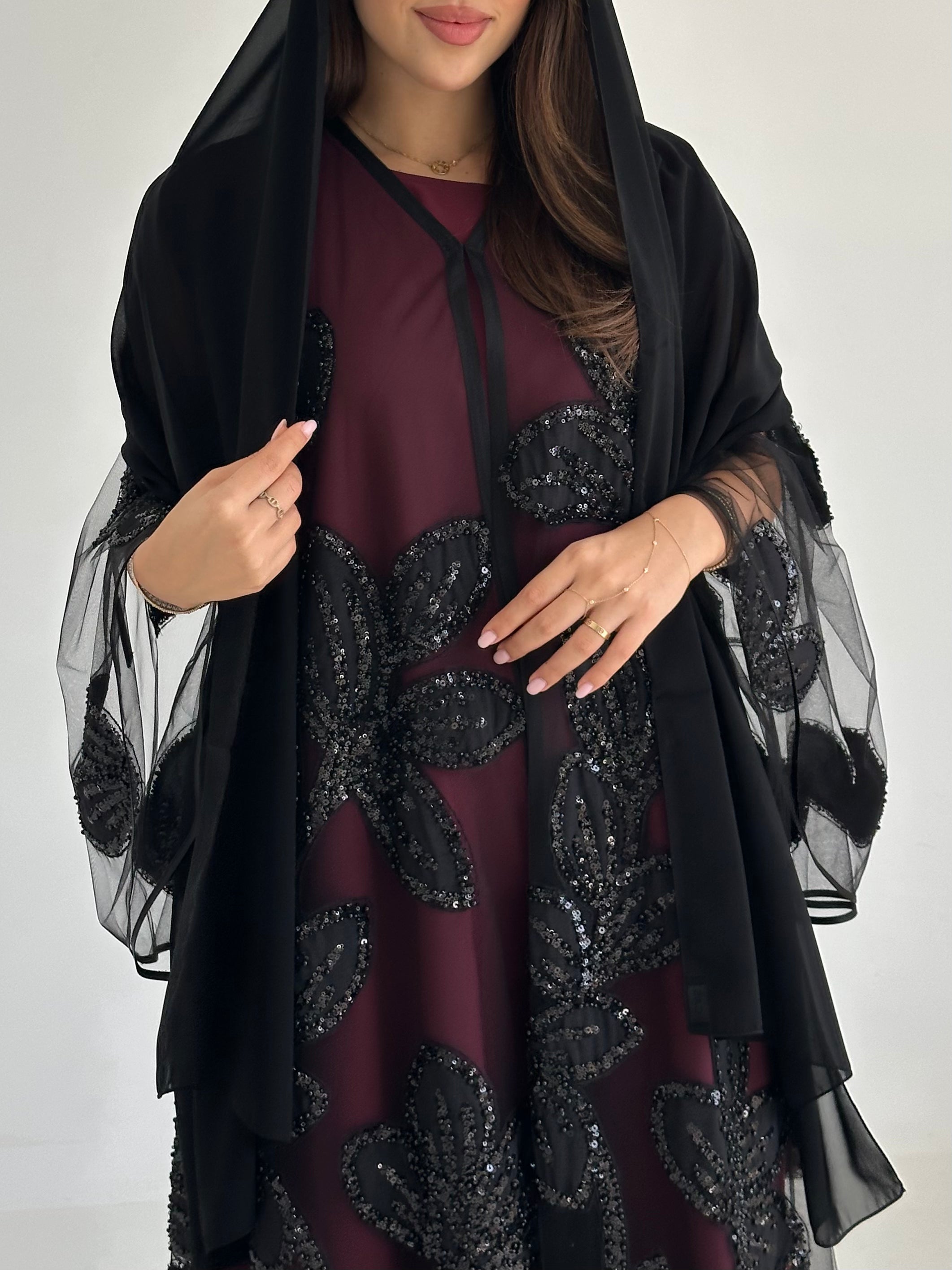 C 2763 Black Beaded Dantel Abaya