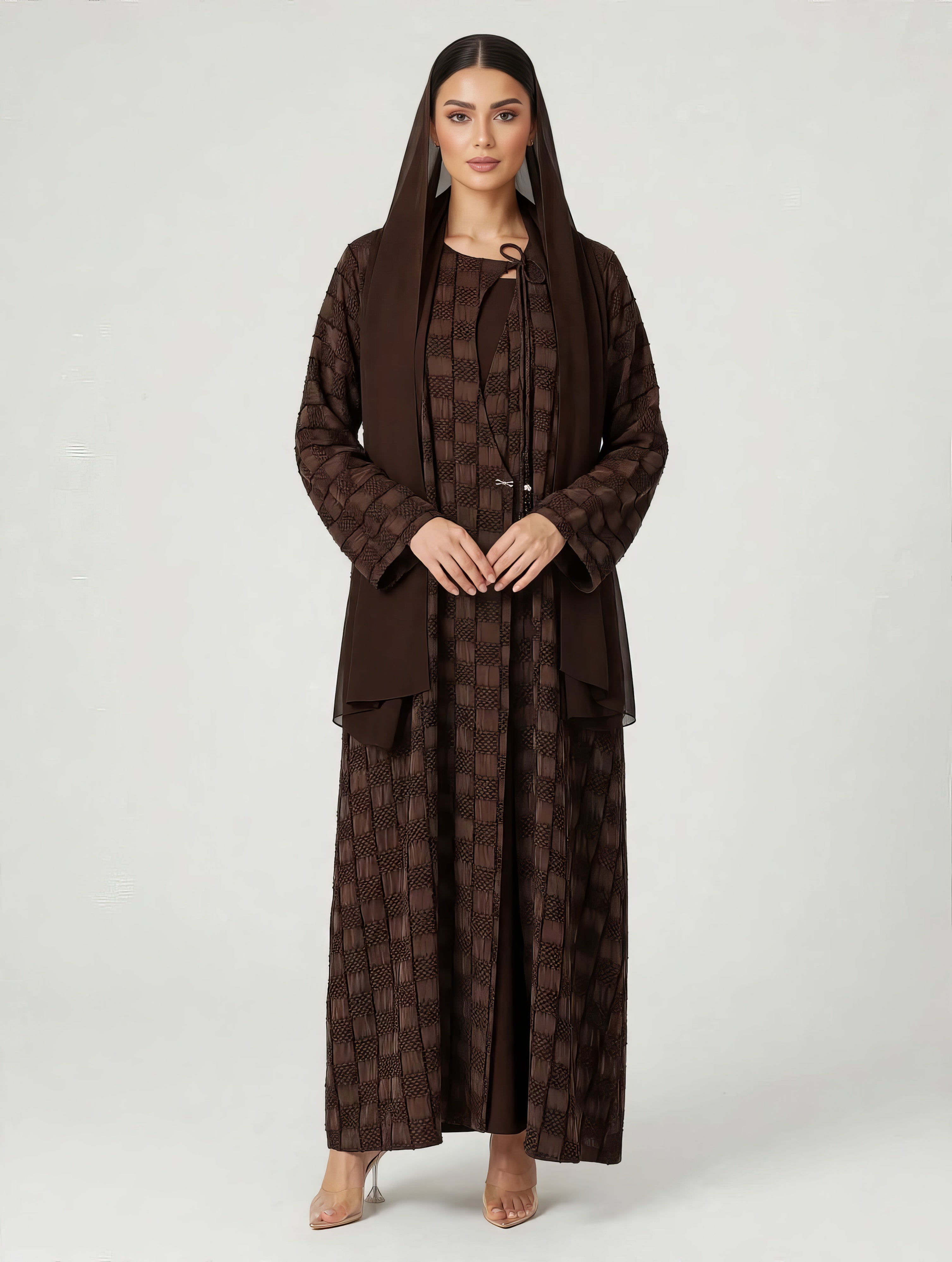 C 2773-02 Premium Turkish Cupro Mocha Checker Abaya