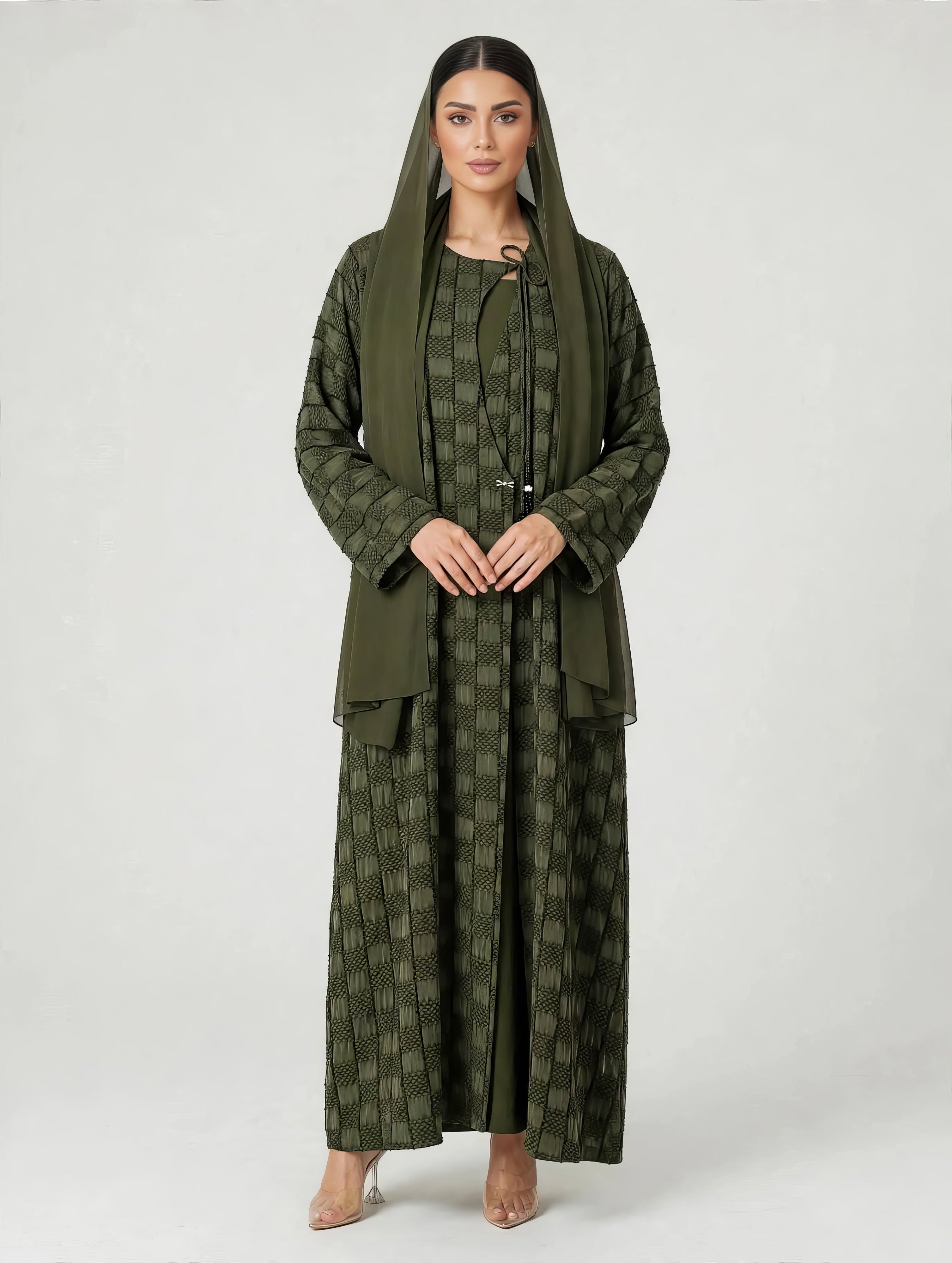 C 2773-03 Premium Turkish Cupro Olive Checker Abaya