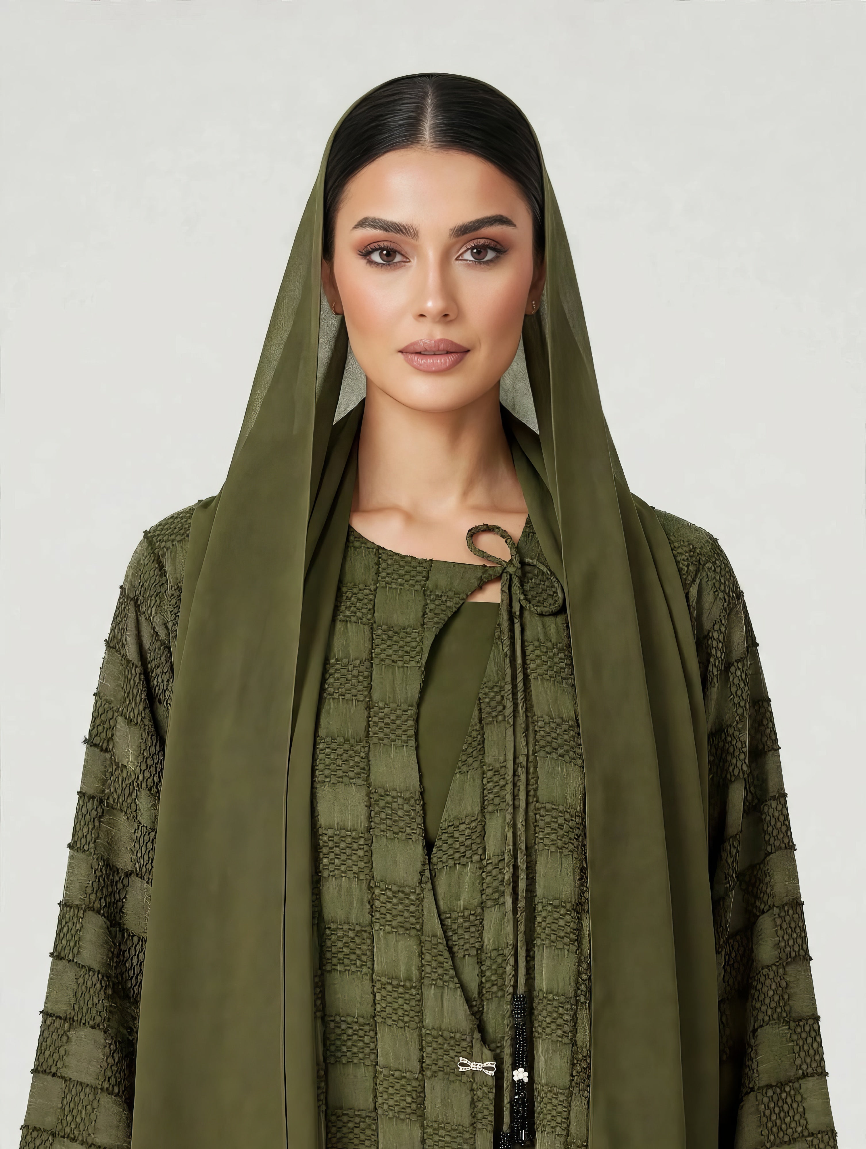 C 2773-03 Premium Turkish Cupro Olive Checker Abaya