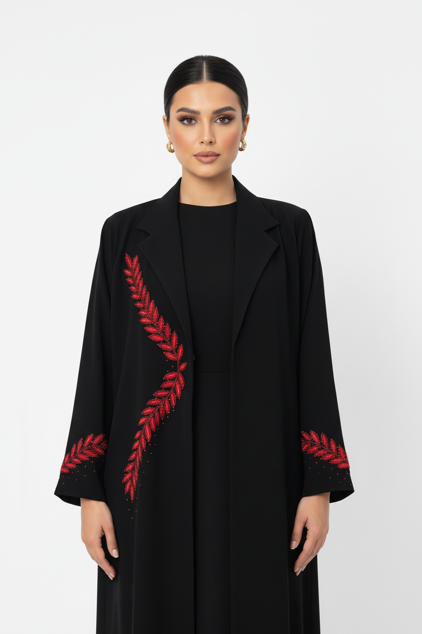 C 2776 Black Red Embroidered Abaya