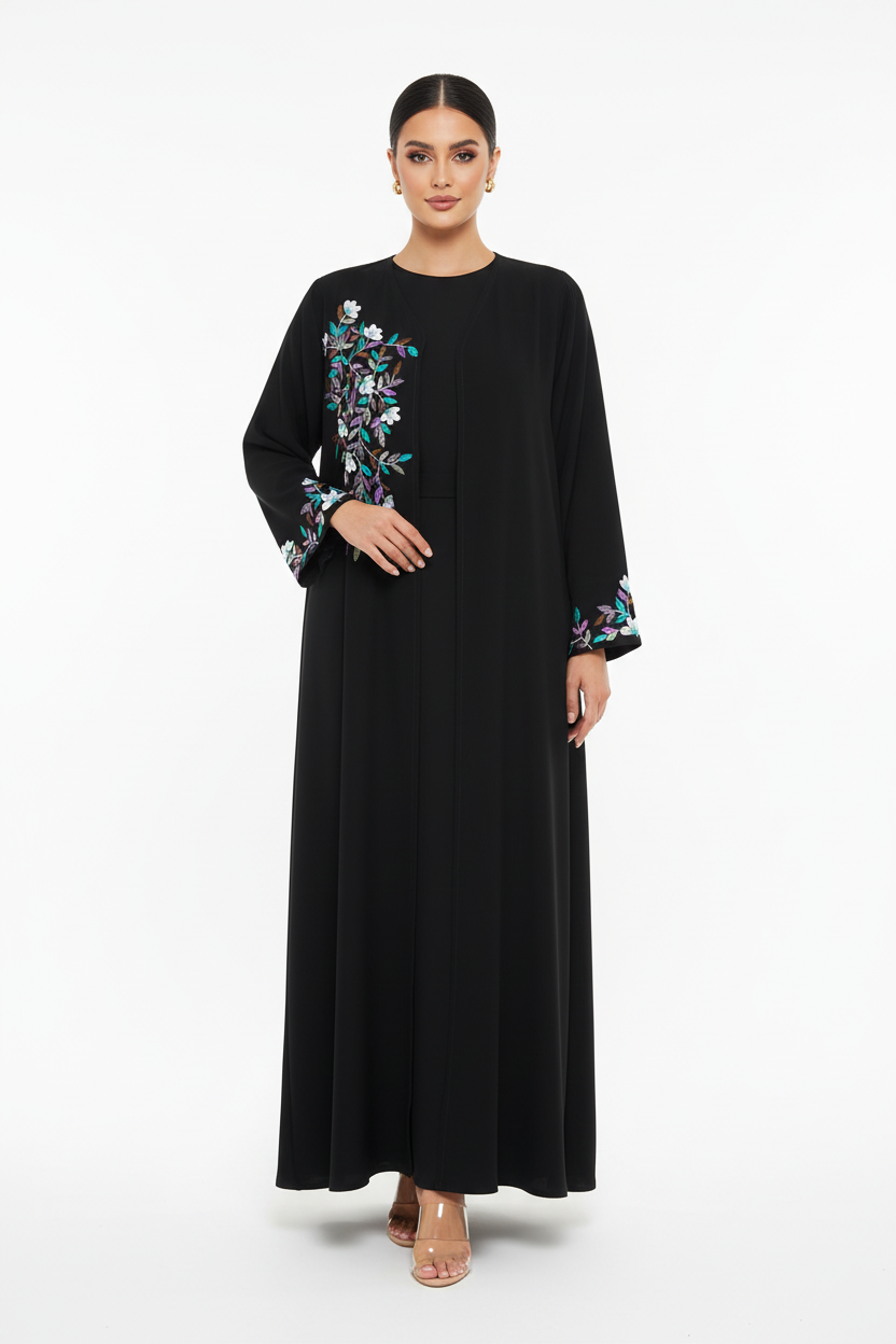 C 2777 Black Floral Embroidered Abaya
