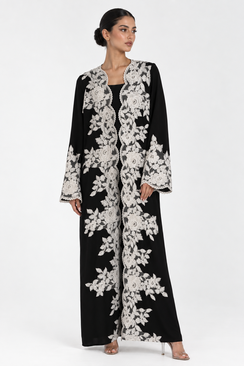 C 2781 Black White Floral Lace Abaya