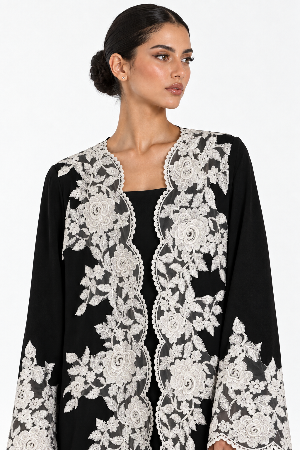 C 2781 Black White Floral Lace Abaya
