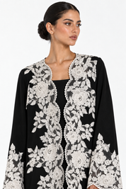 C 2781 Black White Floral Lace Abaya