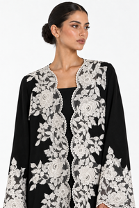 C 2781 Black White Floral Lace Abaya - XS / 50