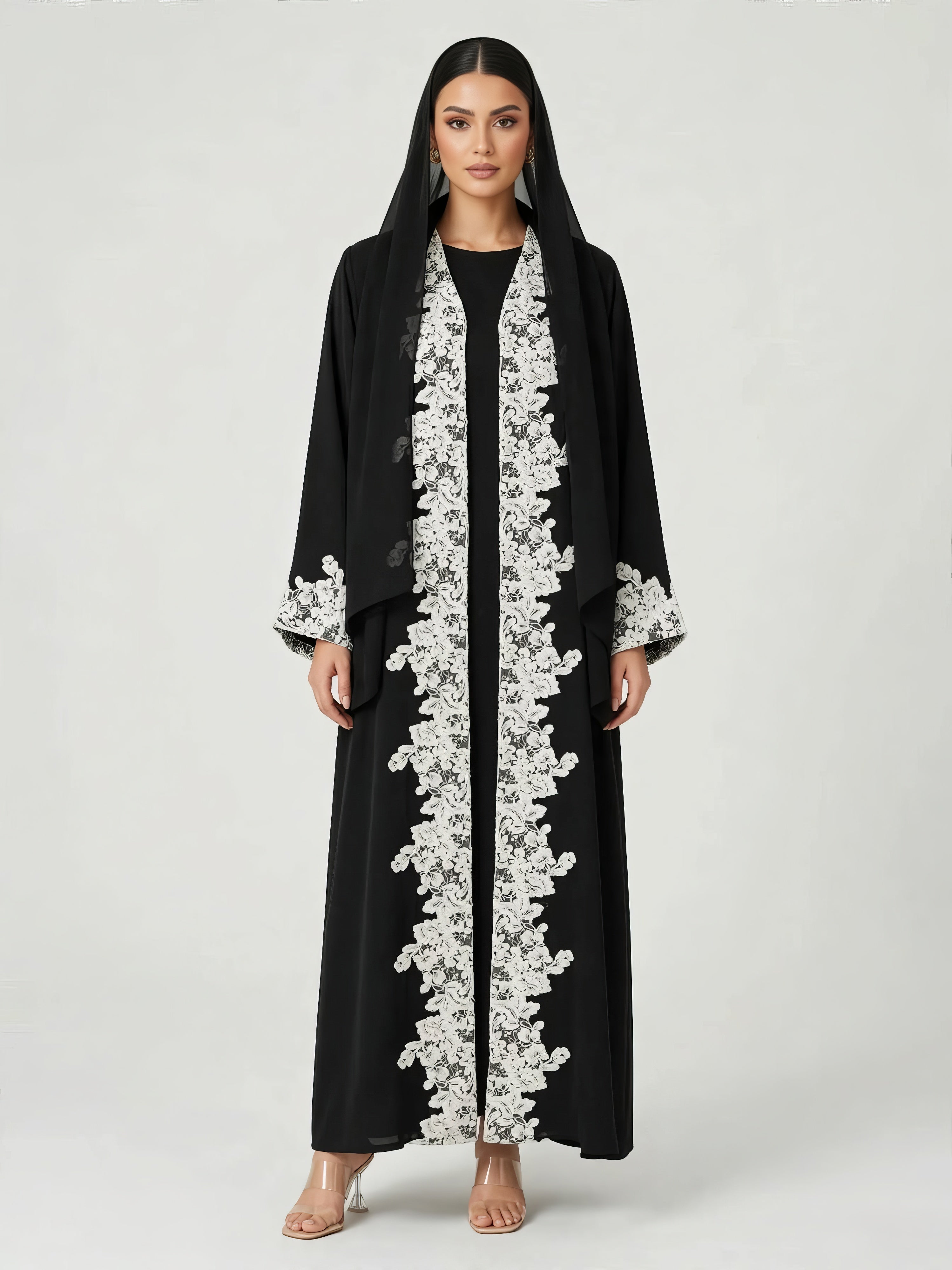 C 2782-01 Black White Floral Lace Abaya