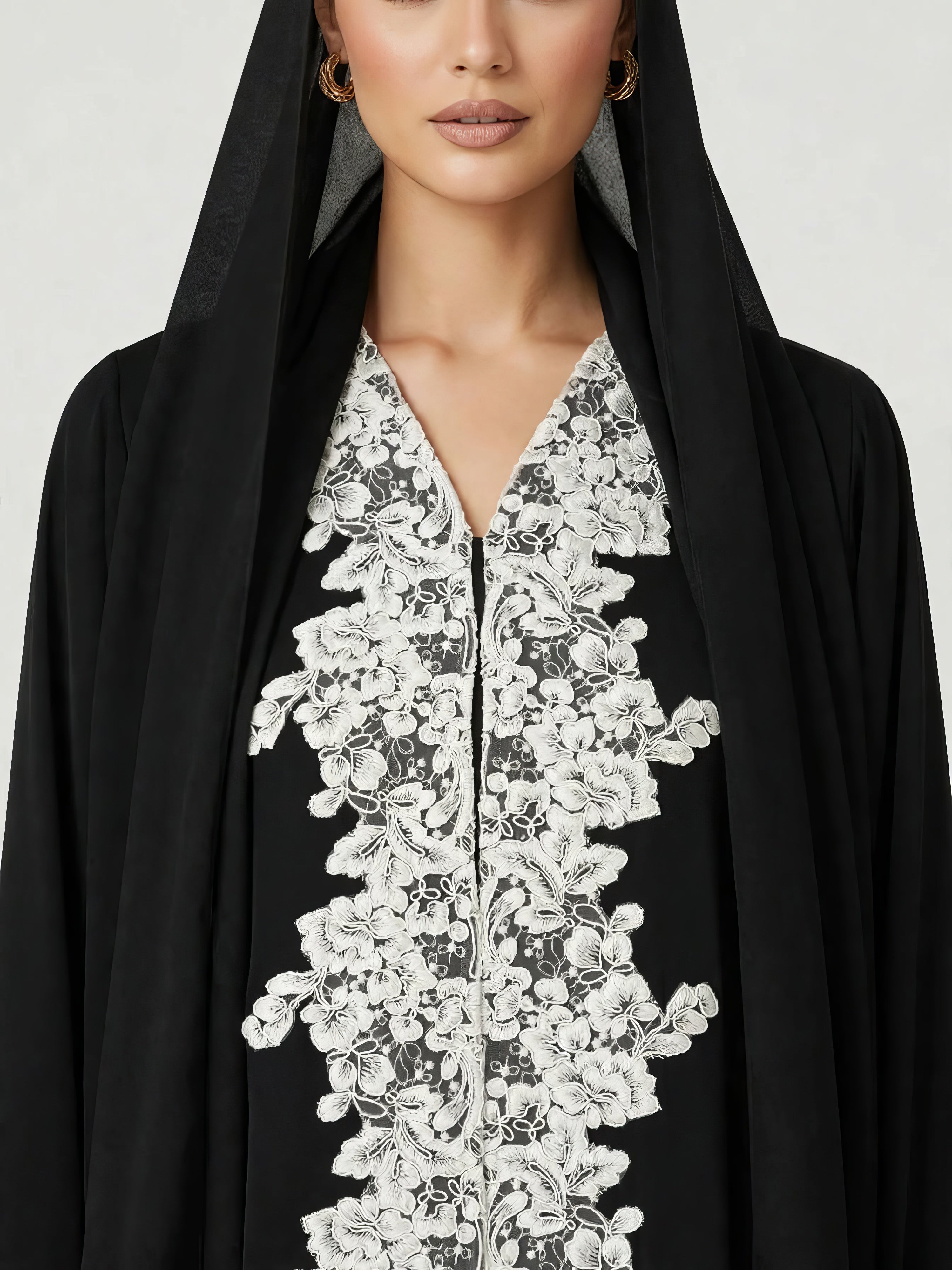 C 2782-01 Black White Floral Lace Abaya