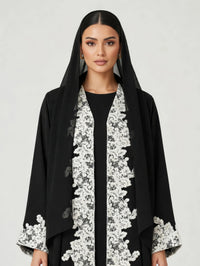 C 2782-01 Black White Floral Lace Abaya - XS / 50