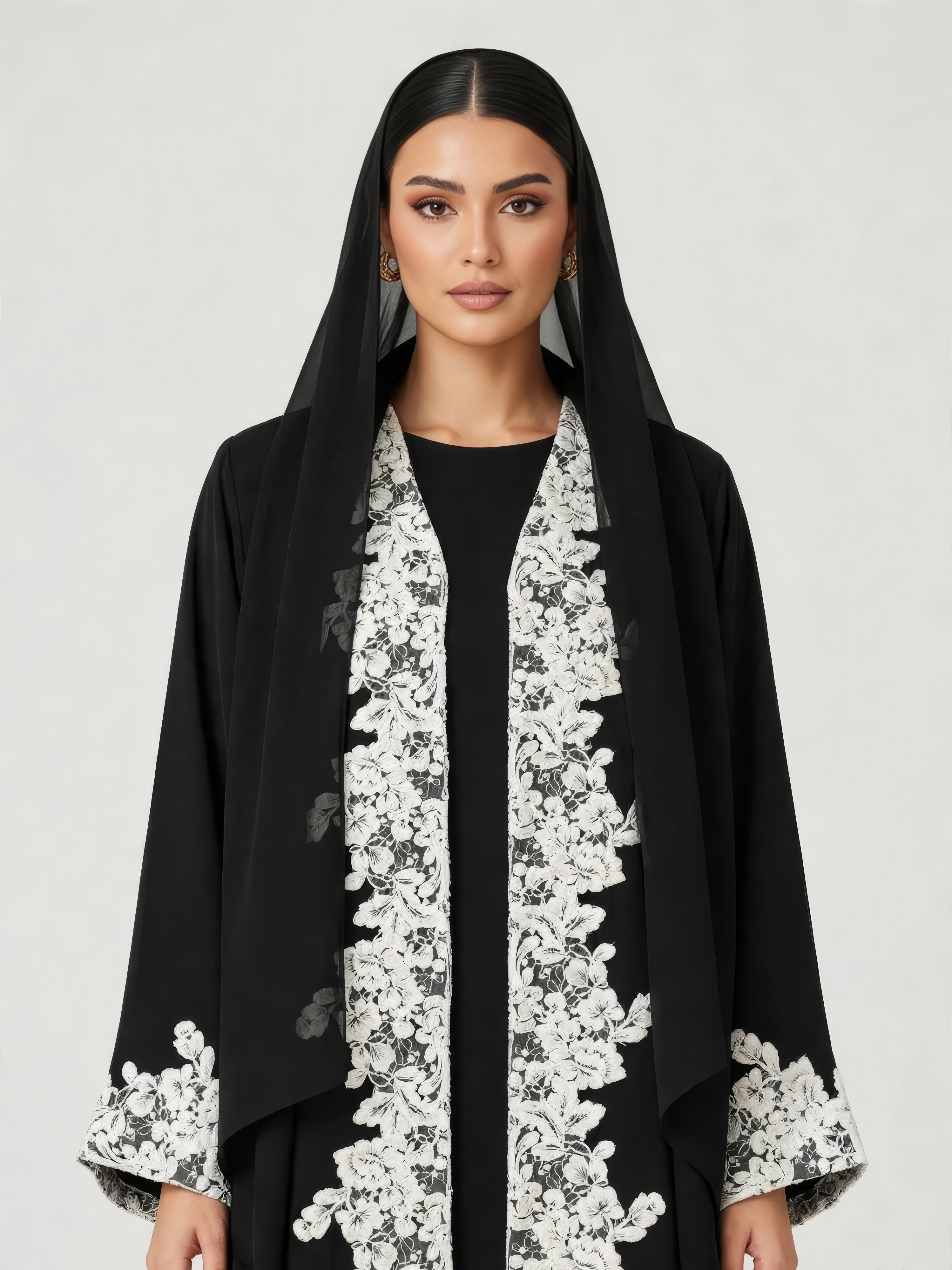 C 2782-01 Black White Floral Lace Abaya