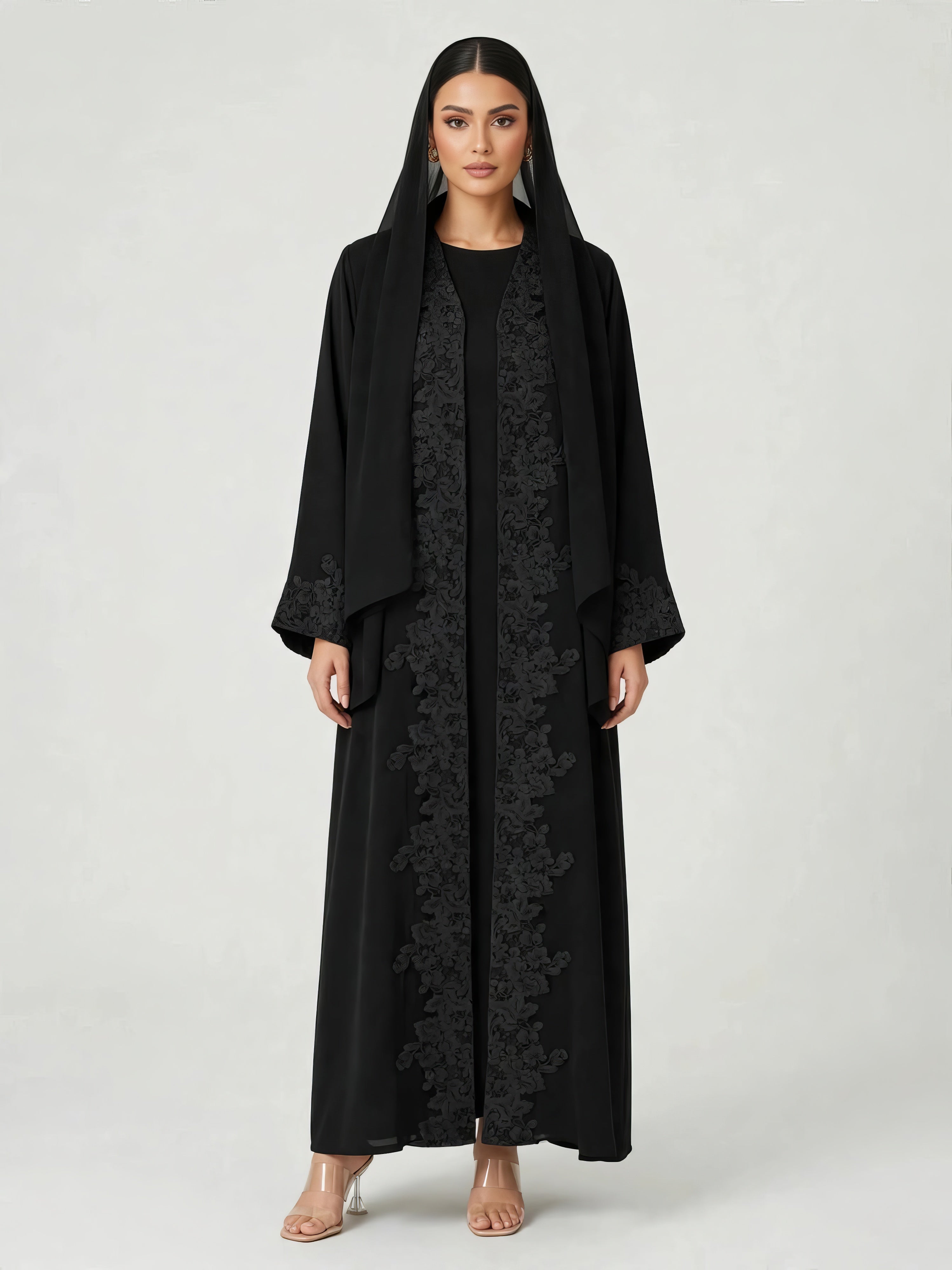 C 2782-02 Black Floral Lace Abaya