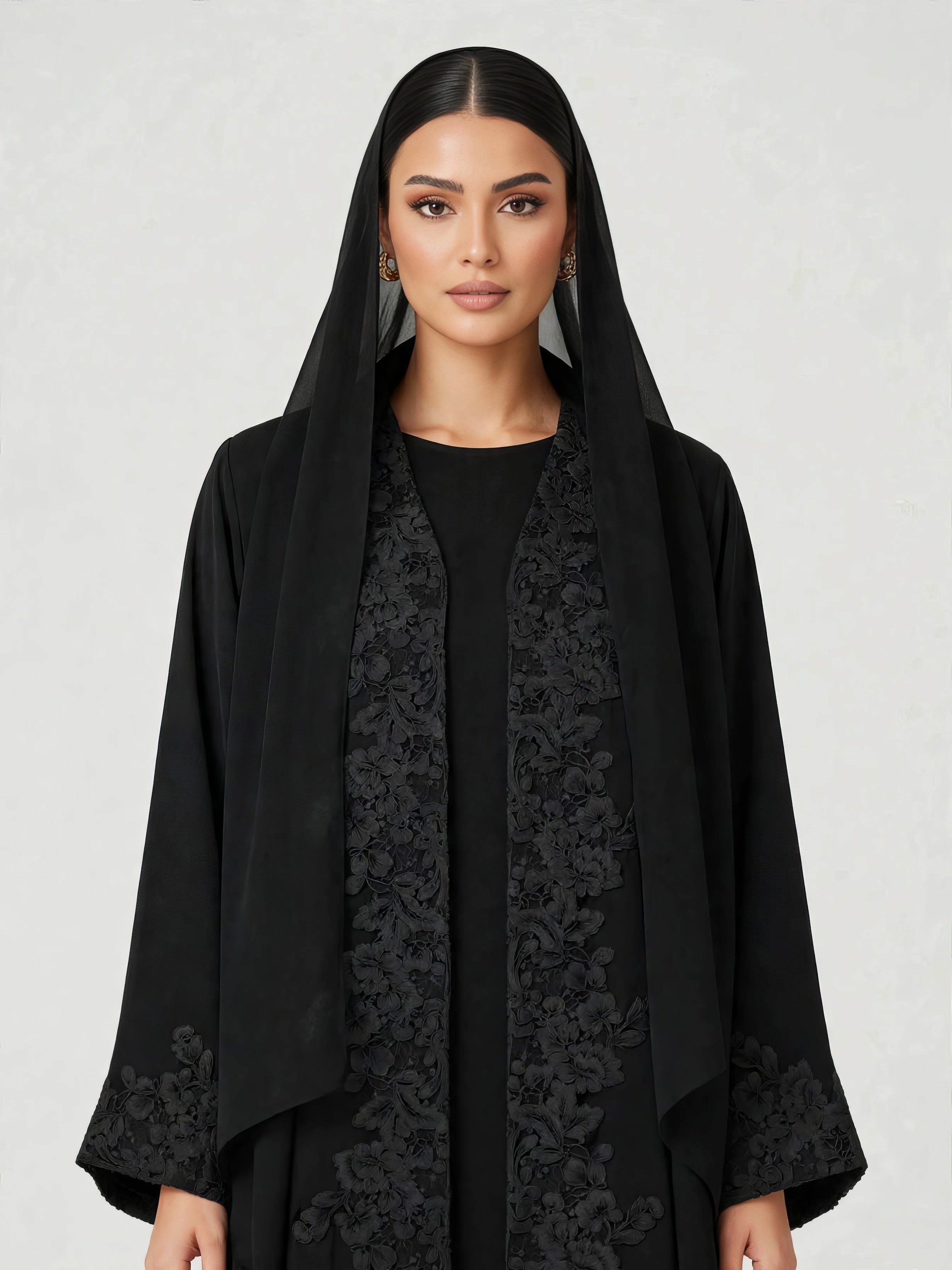 C 2782-02 Black Floral Lace Abaya